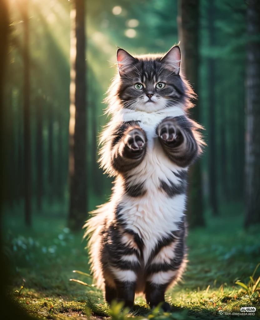 (best quality,4k,highres,masterpiece:1.2),ultra-detailed,(realistic,photorealistic,photo-realistic:1.37),fluffy,furry body,detailed fur,standing,fluffy tail,blushing,(:3),a hybrid of a girl and a cat,happy,dancing,movie lighting,strongly resembles, in the middle of a forest,cute