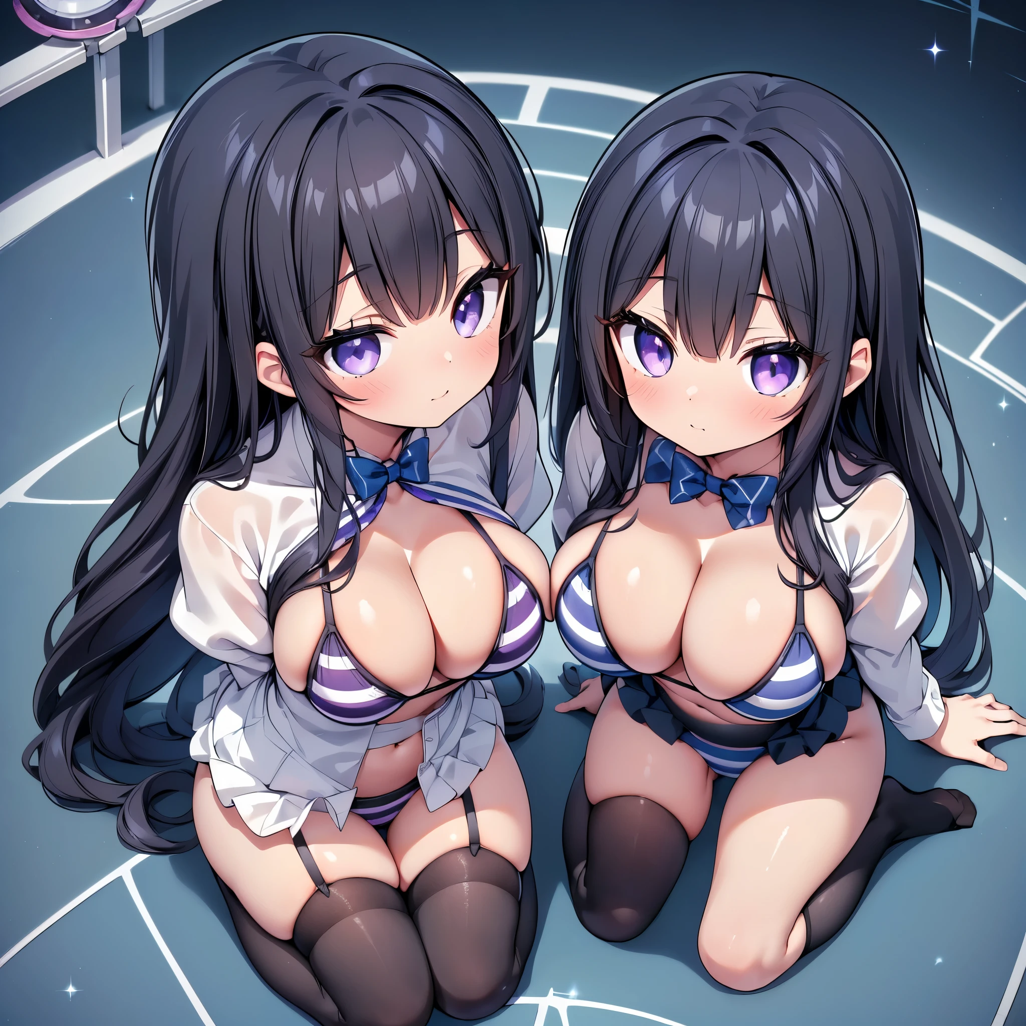 (cute eyes:1.2), (sparkling eyes:1.2), (8K、Best image quality、highest quality、masterpiece)、Detailed face、(2 girls)、Improve、 (Black Hair, Purple Eyes, long hair) , (skinny body:1.4), (huge breasts:1.3), (Light blue striped micro bikini:1.1), all fours a chair, whole body, Classroom Background, (black stockings:1.2), (Thighs:1.2), (Waistline),(from above:2)