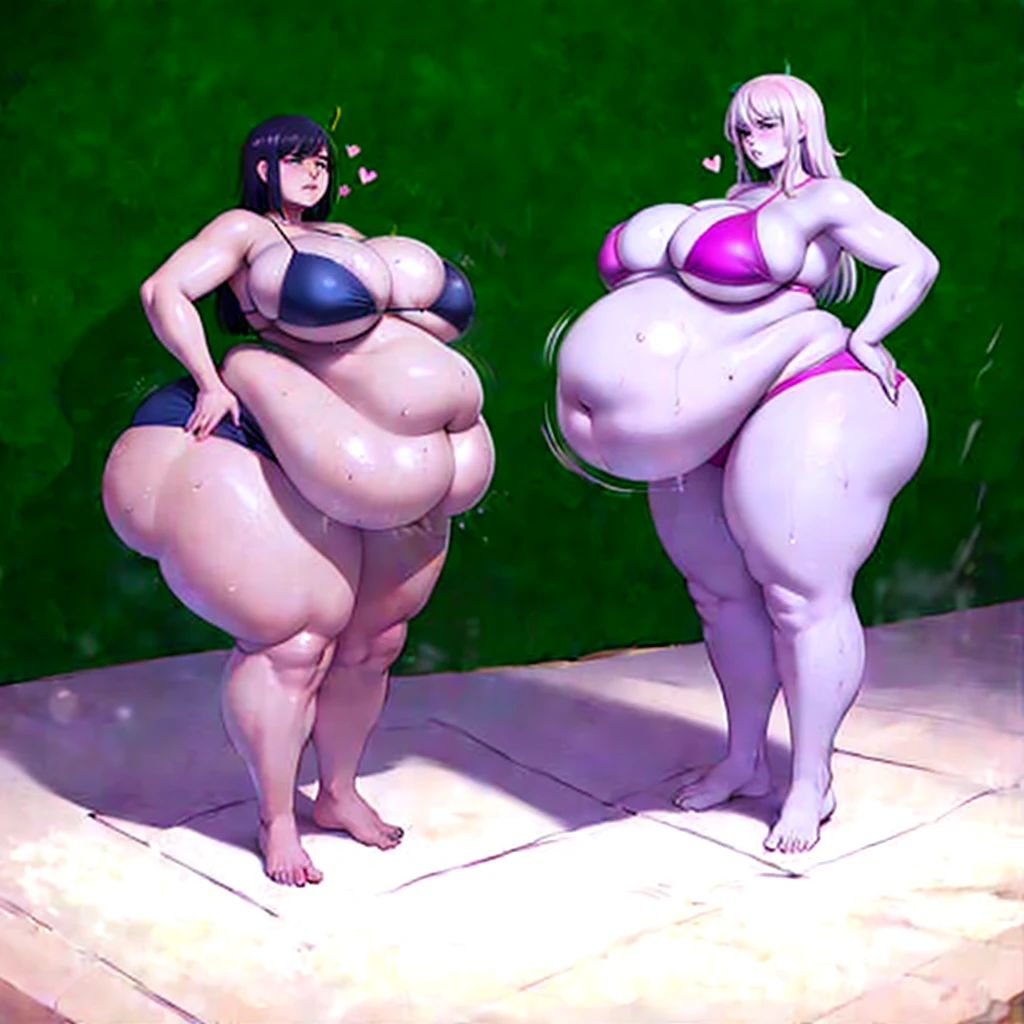 A young woman in a bikini, massive bloated overstuffed heavy protruding bulging long wide obese round belly, hyper massive fat tall wide round heart shaped bubble butt, wide fat hips, massive fat round heavy breasts, deep long pronounced cleavage, so full it hurts, gurgling fat belly, sloshing belly, distended belly, churning belly, it hurts being so full but it feel so good, squishy belly, bellies squished together, squished together, shes upset her friend isnt as fat as her, shes making her obese, wide stance, struggling to stand, fat thick thighs, leaning back trying to hold up heavy belly,