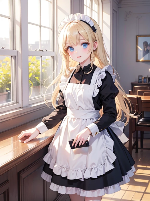 (8k, highest quality, Tabletop:1.2)、Ultra-high resolution, One 18-year-old girl, Perfect Fingers, Detailed face, blue eyes, Blonde, Braid, Black maid outfit, Inside the castle, Standing on the windowsill