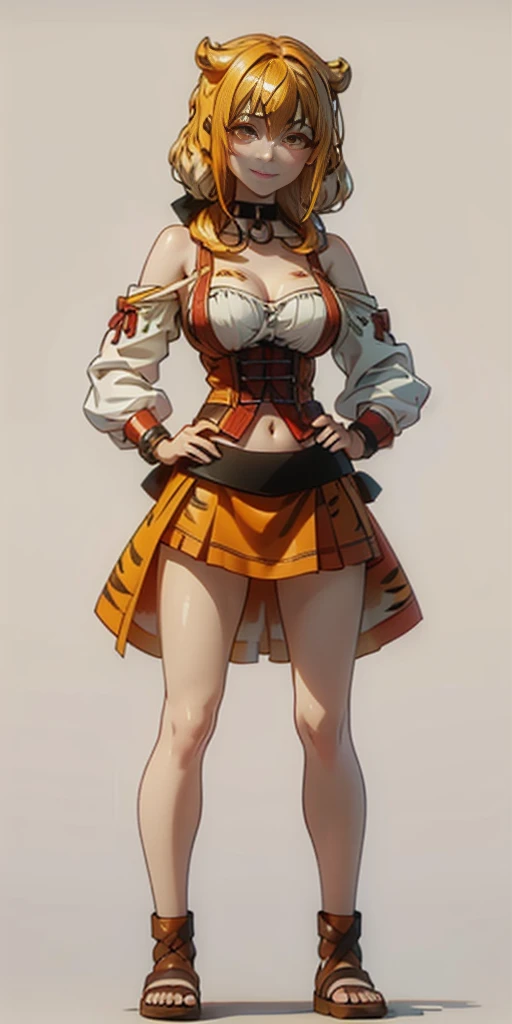 ((Masterpiece, plain background,1:2, masterpiece)) full body standing with separate yellow tiger print stockings thighs and sleeves, yellow tiger bikini print, hands on waist, navel, lustful smirking smiling, smile face (red blushed, red cheeks) armbands, black leather choker slave collar, metal sandals, big knockers, cleavage, separate sleeves, leather corset, hands on hips, shackles bracelets, slave red crest, loincloth standing, metal sandals, big belt, view from below, feet together, bracers, standing contrapposto straight symmetrical looking to viewer