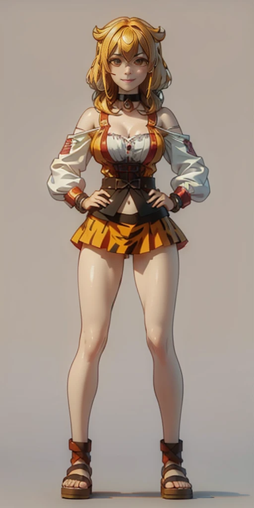 ((Masterpiece, plain background,1:2, masterpiece)) full body standing with separate yellow tiger print stockings thighs and sleeves, yellow tiger bikini print, hands on waist, navel, lustful smirking smiling, smile face (red blushed, red cheeks) armbands, black leather choker slave collar, metal sandals, big knockers, cleavage, separate sleeves, leather corset, hands on hips, shackles bracelets, slave red crest, loincloth standing, metal sandals, big belt, view from below, feet together, bracers, standing contrapposto straight symmetrical looking to viewer