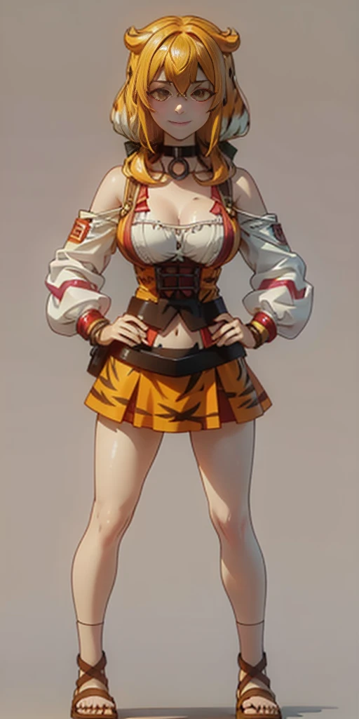 ((Masterpiece, plain background,1:2, masterpiece)) full body standing with separate yellow tiger print stockings thighs and sleeves, yellow tiger bikini print, hands on waist, navel, lustful smirking smiling, smile face (red blushed, red cheeks) armbands, black leather choker slave collar, metal sandals, big knockers, cleavage, separate sleeves, leather corset, hands on hips, shackles bracelets, slave red crest, loincloth standing, metal sandals, big belt, view from below, feet together, bracers, standing contrapposto straight symmetrical looking to viewer