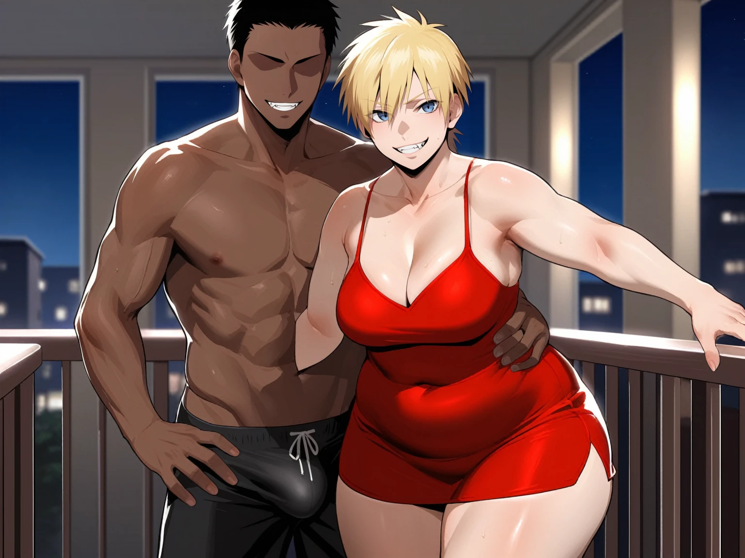 score_9, score_8_up, source_anime, standing, hellsing, seras, blonde hair, nude, indoors, night, night sky, nighttime, vampire, smirk, fangs, ikuchan, balcony, town background, clothed, male wearing shorts, muscular male, medium breasts, boyfriend, couple, sfw, looking at viewer, faceless male, dark skinned male, cuckold pov, ntr, netorare, standing side by side, standing, cuckolding, cuck, 1girl, 1boy, duo, ((duo focus)), black haired male, interracial, BLACKED, bbc, raceplay, smug, humiliation, ((faceless male)), ((size difference)), tall male, ((duo)), waist grab, ((dark skinned male))), gown, dress, bulge,  rating:safe, navel, short dress, red dress, furry, tiger, anthro on human, tiger girl, chubby, bbw, ((furry)), tiger fur, chubby body, ((bbw)), milf,  belly, 