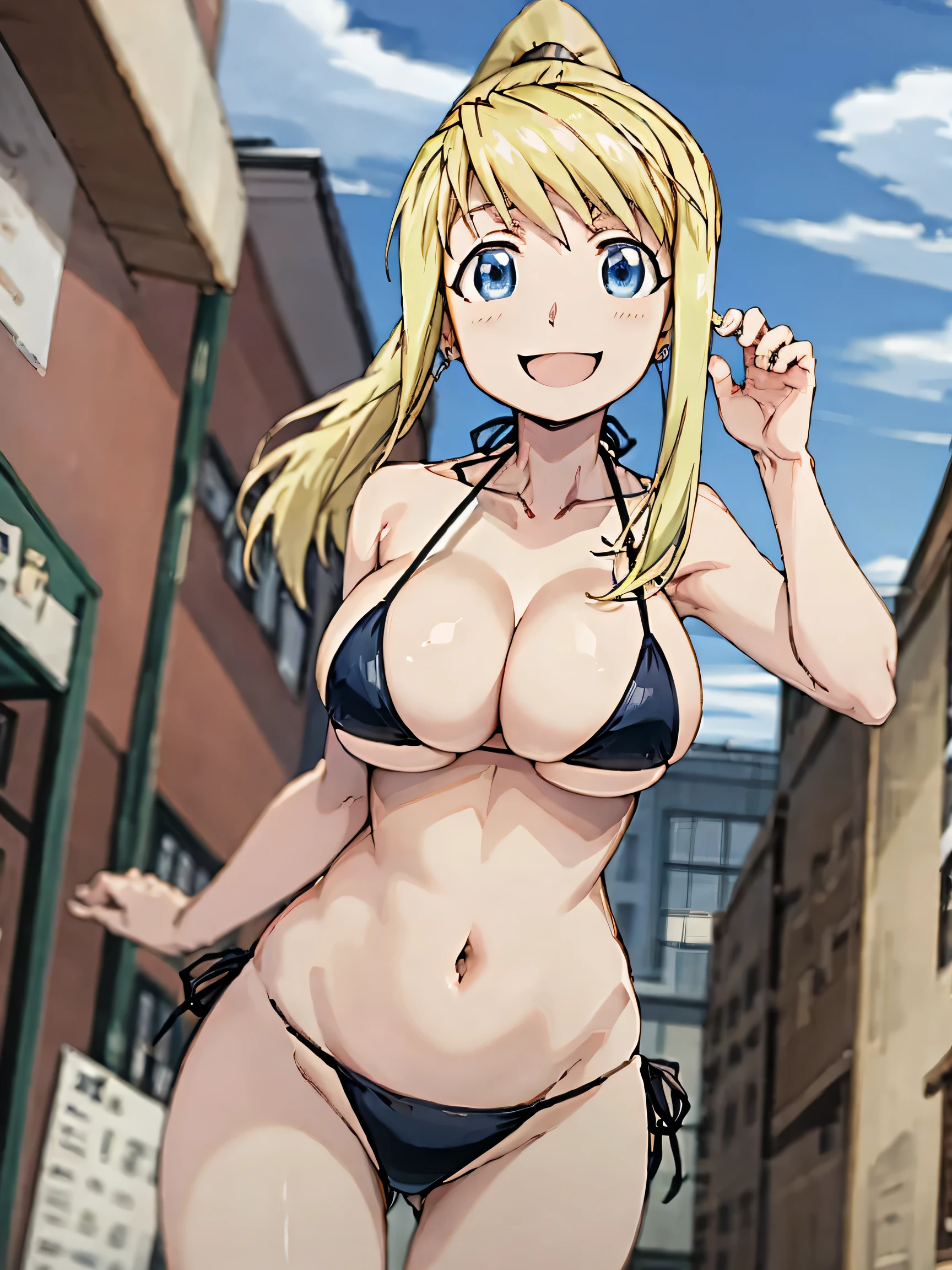 blonde、ponytail、blue eyes、Super huge breastasterpiece、High resolution、highest quality、Detailed face、Anime Moe Art Style、abdomen、belly button、Cowboy Shot、Big smile、Outdoor、healthy、Black Micro Bikini、