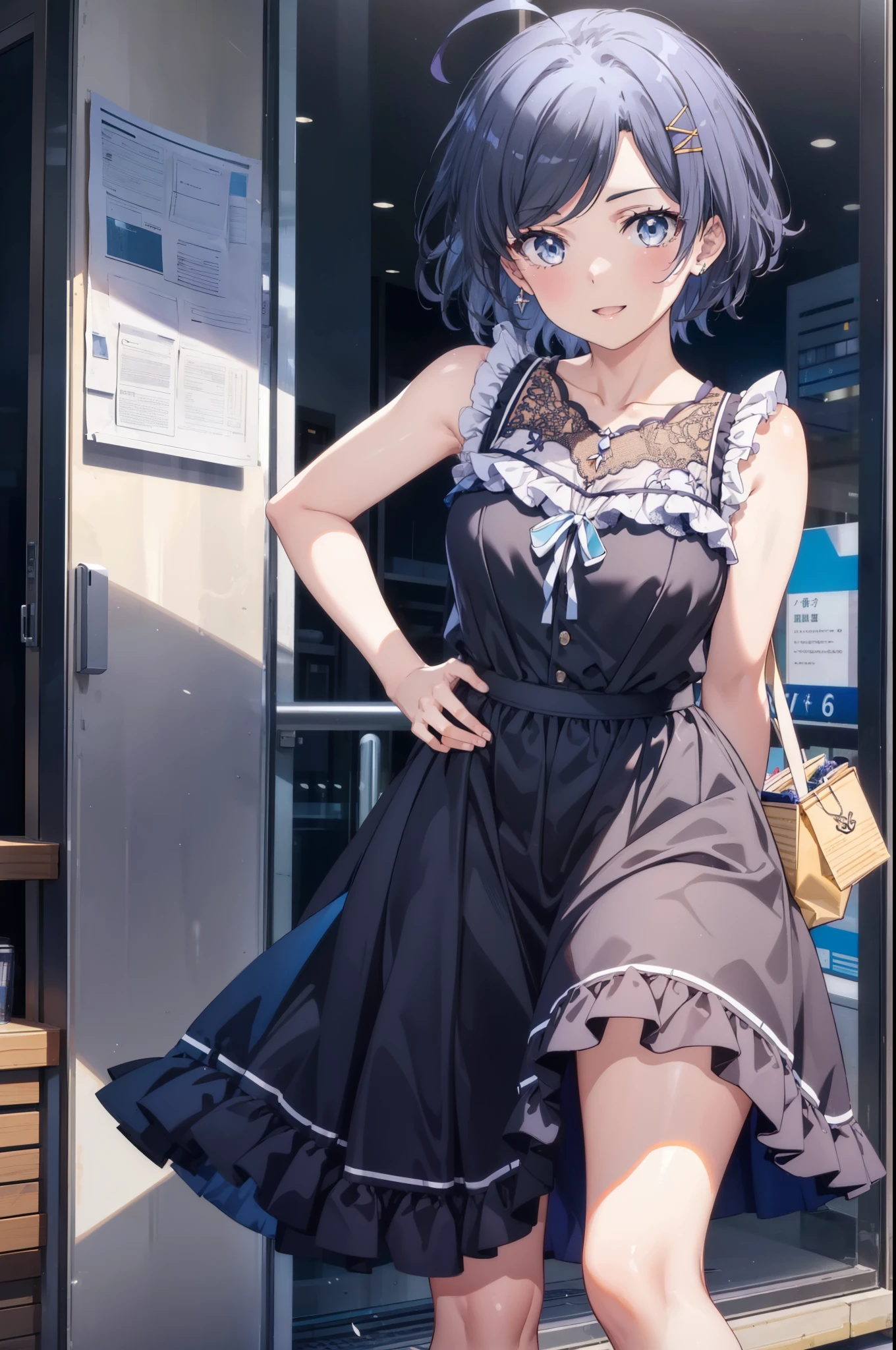 komachihikigaya, komachi hikigaya, short hair, Black Hair, hair ornaments, Ahoge, Hair Clip, x hair ornaments, (Purple eyes:1.1),tooth,happy smile, smile, Open your mouth, Sleeveless black dress,Black long skirt,Cute heeled sandals,whole bodyがイラストに入るように,Real Summer,sunny,Daytime,　　　　　　　　　　　　　　　break outdoors ,city,Building district,Coastal Road　　　　　　　　　　　　　　　break looking at viewer, whole body, break (masterpiece:1.2), highest quality, High resolution, unity 8k wallpaper, (shape:0.8), (Beautiful and beautiful eyes:1.6), Highly detailed face, Perfect lighting, Extremely detailed CG, (Perfect hands, Perfect Anatomy),