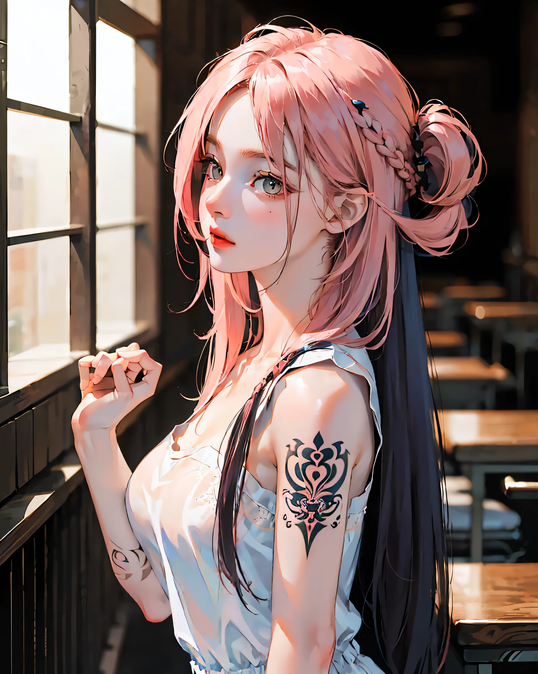 (Random Porn Pose),(Random Hairstyles),(Best image quality,(8k),Ultra-realistic,最high quality, high quality, High resolution, high quality,Attention to detail,Beautiful details,Fine details,Highly detailed CG,Detailed Texture,Realistic facial expressions,masterpiece,in front),See-throughブラ,tight,stockings,Pink Hair, Shorts, (((Tight waist))), ((Big Breasts)),(See-through),(((He has many tattoos all over his body)),