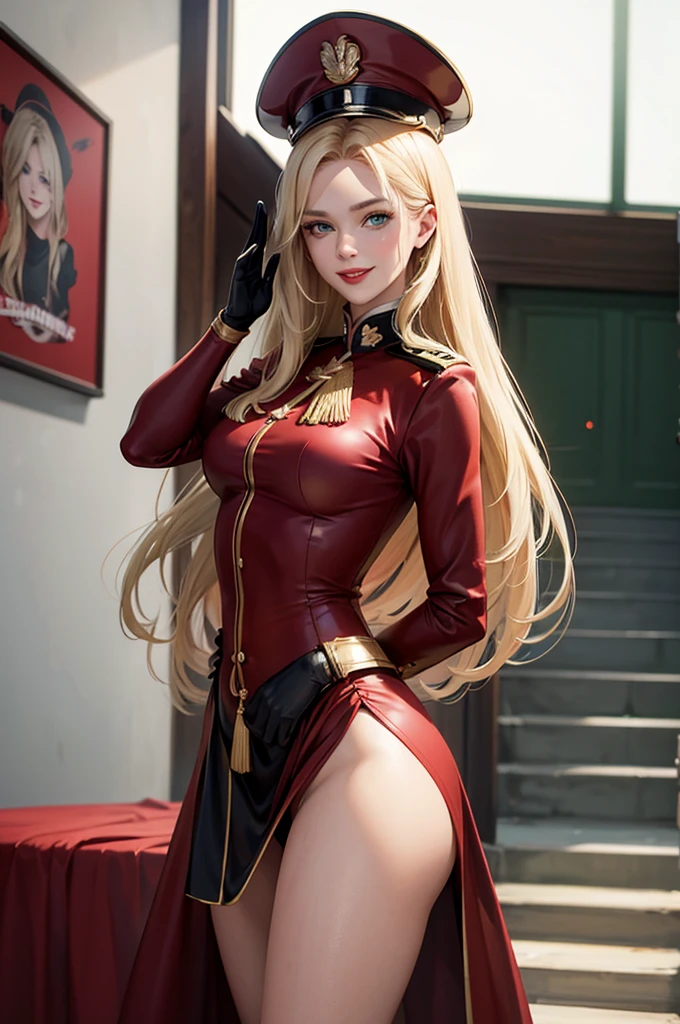 Woman saluting,Blonde,Long hair is thick,very red lips,Big Ass,Narrow waist,Long legs,Green Eyes Standing 8k(( A sloppy smile, The face we're looking for, Mischievous face)), ,8k( Anime Style, The facial expression is good, Anime Style緑色の眼, The facial expression is good:1.5), Standing at the station, Morning, Beauty, soldier, uniform,spring,cherry blossoms,Huge breasts looking at camera:1.3
