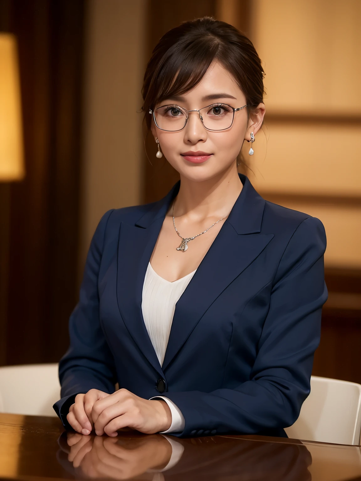 High resolution, Highly detailed photos, Hyper Real, Professional Lighting, Detailed bust, 8k wallpaper, Tabletop, highest quality, 1 girl, Beaver, (Looking at the audience), Dark blue suit, shirt, Silver-rimmed glasses, Earrings, necklace, mini skirt, large bust with good shape, Bokeh, Lower your arms