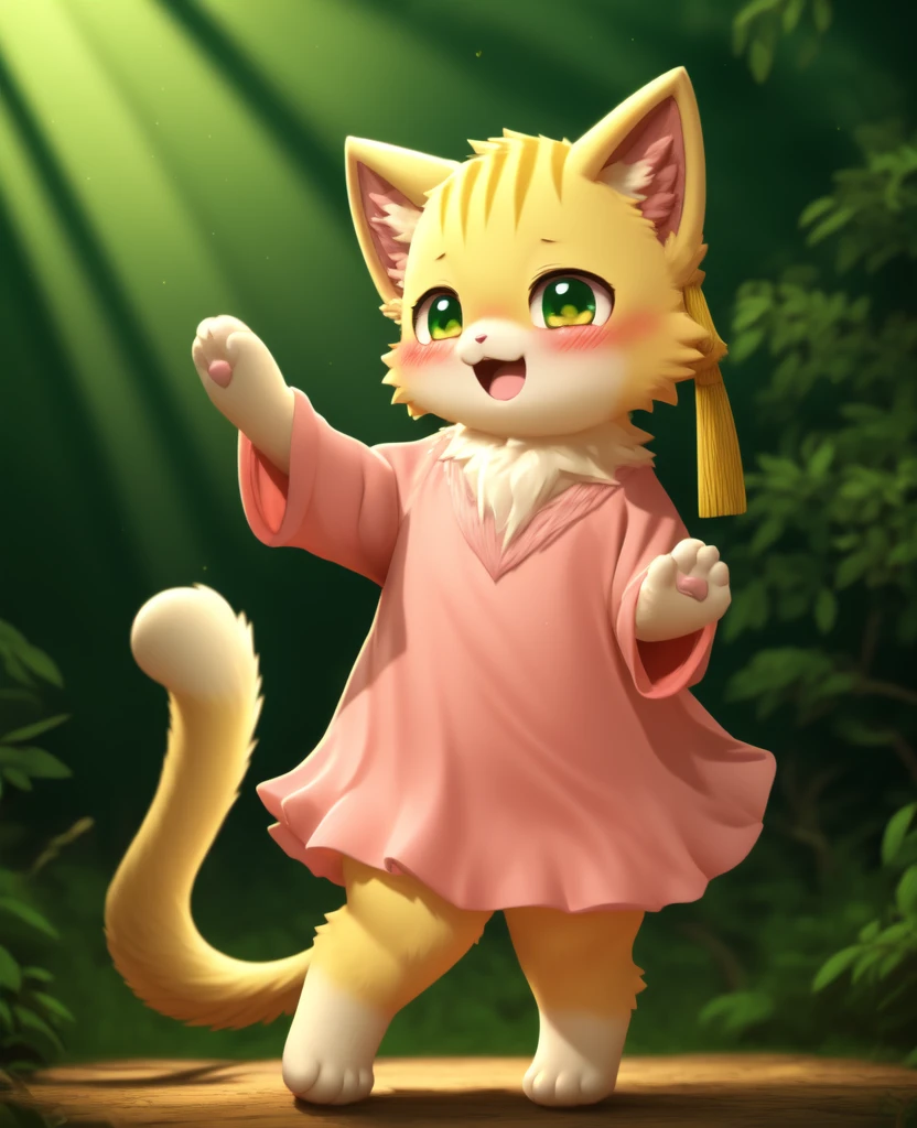 Dagashi, ( Hairy body) , (Realistic fur) , Are standing, Fluffy tail, blush, (:3), A cross between a girl and a cat, happy ,Dancing, Cinema Lighting ,4K, in the forest, cute