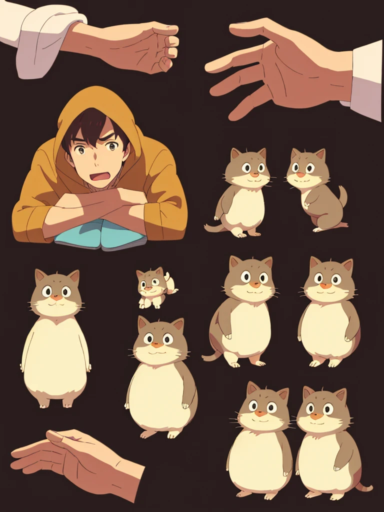 cute guy, character seet, Multiple pose and expressions, different angles, organizing, ghibli style, childrens book, many character,