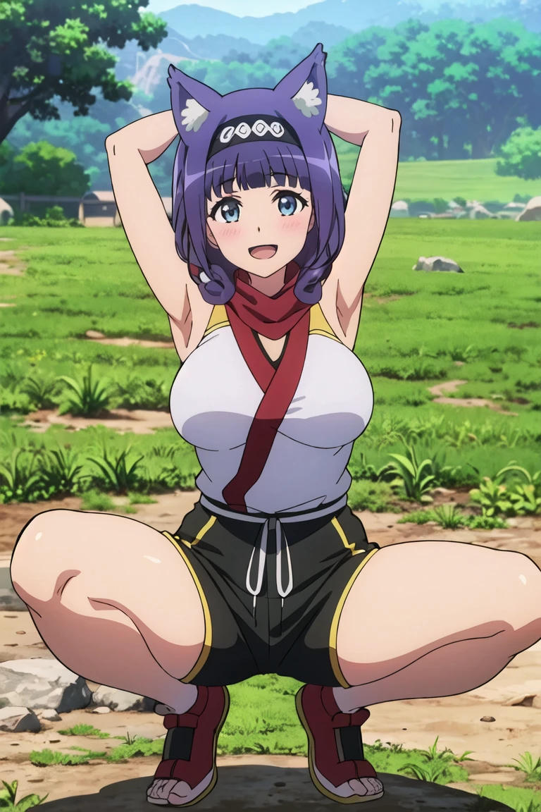 masterpiece, best quality,
hitam_beautiful_Tonokuni Pilgrimage, hitam beautiful, blue eyes, purple hair, Medium Length Hair, curls, curls, Bangs, Blunt tip, Side lock, scarf, black scarf, Headbands, Curvy beauty, Animal ears, Dog Girl, Dog ears, Animal ears绒毛, Large Breasts,
Japanese clothes, Doudou, 双色shirt, 白shirt, shirt, Red decoration, sleeveless shirt, sleeveless, Bare shoulders, Heart, shorts, black shorts, short shorts, Gloves, fingerless Gloves, red Gloves,
Heart形背景, Upper Body, arrive, (Squatting, spread your legs)),raise arms, Arms behind head looking at the audience,
blush, Smile, open mouth,
