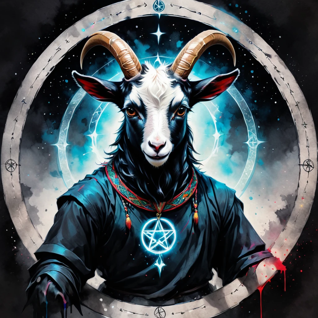 RAW photo of an anthro goat drawing a summoning circle, pentagram, innocent, super detail, ultra-realism, colorsplash, cute