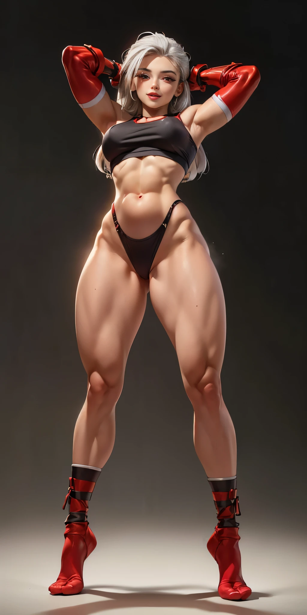 (plain background, 8k, best quality, masterpiece, realistic, photo-realistic:1.37) (full body height standing straight symmetrical contrapposto) (looking at viewer) 2legs apart (wide stance) ultra detailed, 1solo cute girl (beautiful detailed eyes) (smile:1.2) (closed mouth) view from below depth of field, good composition, WHITE SILVER bob hair, perfect knockers, suspenders, toned body, athletic, wide hips, thin waist, toned arms, exposed abdomen, abs toned, navel, big belly button belt ((red cheeks, red eyes, red tank top, red thong, red gloves gauntlets, red stockings thighs))