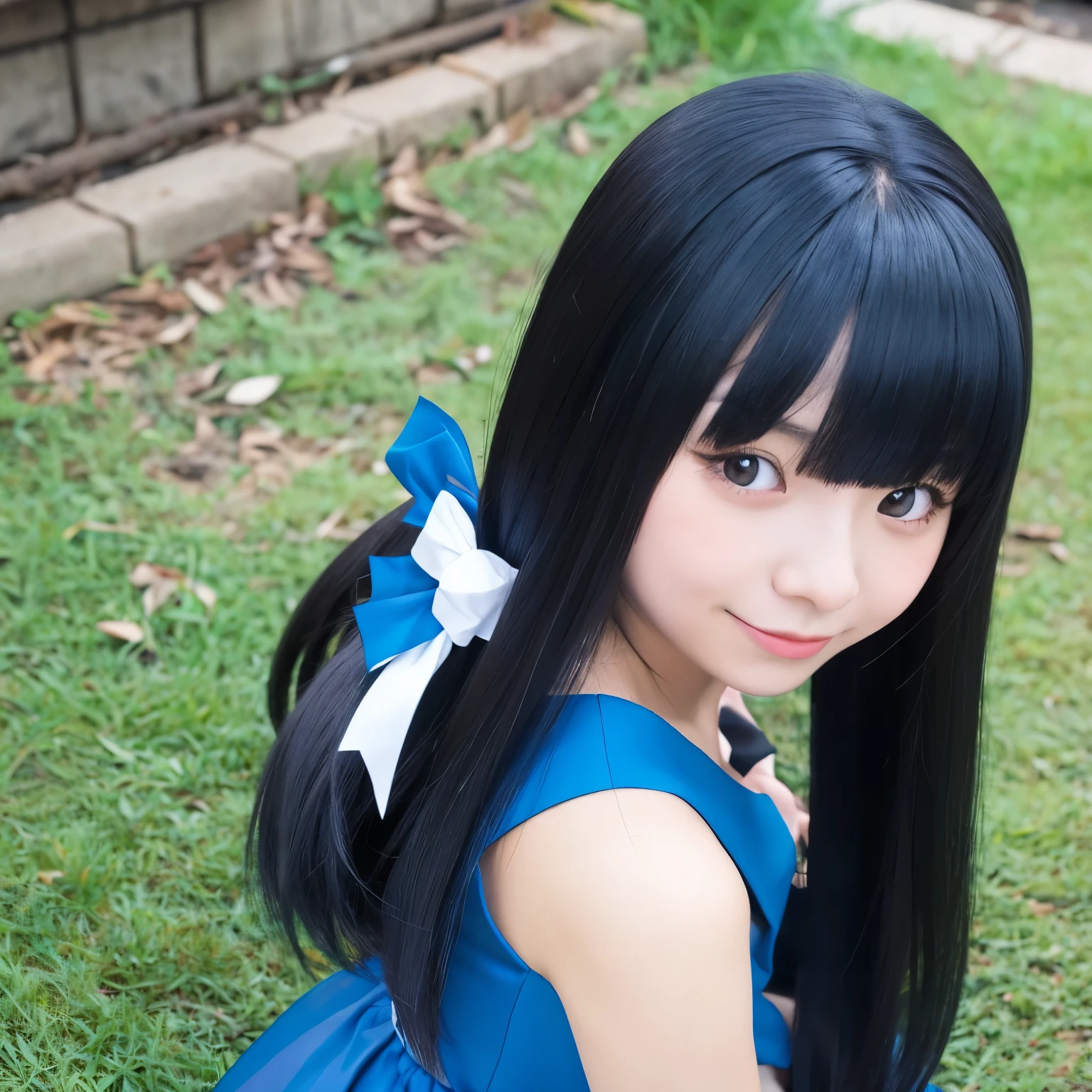 A girl with a long black hair, height 160cm, weight 60kg. Have blind eyes. Thick butt and chest with small waist. Wearing blue mixed with black dress. In Fairy Tail Anime Character style.