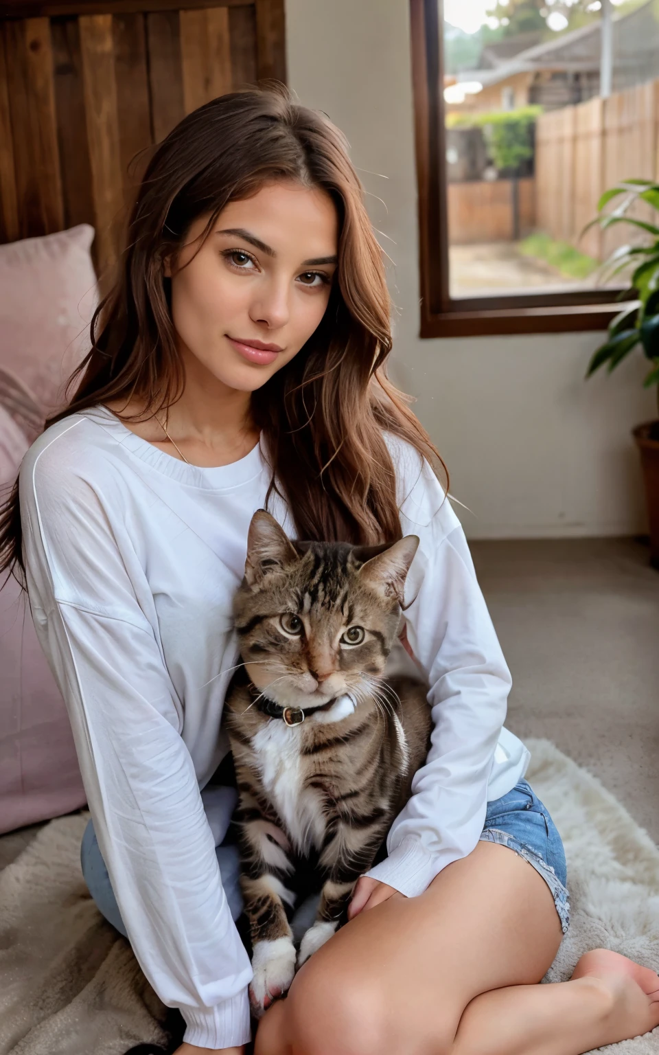 In this scene, the 26-year-old model radiates warmth and tenderness as she gently pets an adorable kitten at an animal shelter. Her brown hair falls in soft waves around her face, framing a bright smile that lights up the room. Her hypnotic gray eyes shine with love and compassion as she interacts with the small feline.

Dressed in casual and comfortable clothing, her style reflects a charming authenticity and simplicity. The gentleness with which she caresses the kitten shows the softer, more compassionate side of her, conveying a sense of connection and empathy with animals. The ultra-realistic quality of the image, captured at an intimate angle, highlights the sweetness and serenity of the moment.

The model appears radiant and happy as she shares a moment of affection with the kitten, demonstrating her love for animals and her commitment to animal welfare. Her infectious smile and caring attitude inspire others to follow her example and adopt a pet in need. It is an image that transmits kindness and joy, reminding us of the importance of caring for and protecting the animals that share our world.