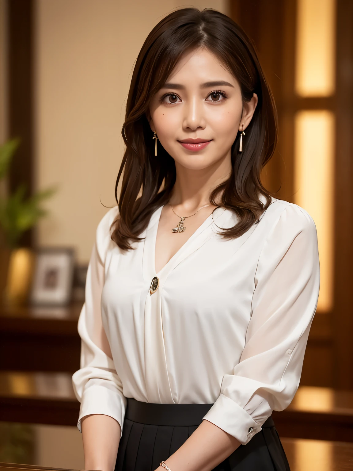 High resolution, Highly detailed photos, Hyper Real, Professional Lighting, Detailed bust, 8k wallpaper, Tabletop, highest quality, 1 girl, Beaver, ((Looking into the camera)), suit, shirt, Beautiful straight hair, Earrings, necklace, mini skirt, large bust with good shape, Bokeh, Lower your arms