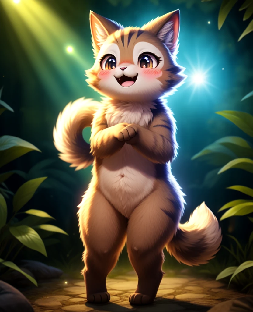Dagashi, ( Hairy body) , (Realistic fur) , Are standing, Fluffy tail, blush, (:3), A cross between a girl and a cat, happy ,Dancing, Cinema Lighting ,4K, in the forest, cute