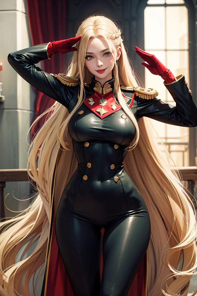Woman saluting,Blonde,Long hair is thick,very red lips,Big Ass,Narrow waist,Long legs,Green Eyes Standing 8k(( A sloppy smile, The face we're looking for, Mischievous face)), ,8k(( Anime Style, The facial expression is good, Anime Style緑色の眼, The facial expression is good:1.5)), Standing at the station, Morning, Beauty, soldier, uniform,spring,cherry blossoms,Huge breasts looking at camera:1.1,Anime Styleの顔