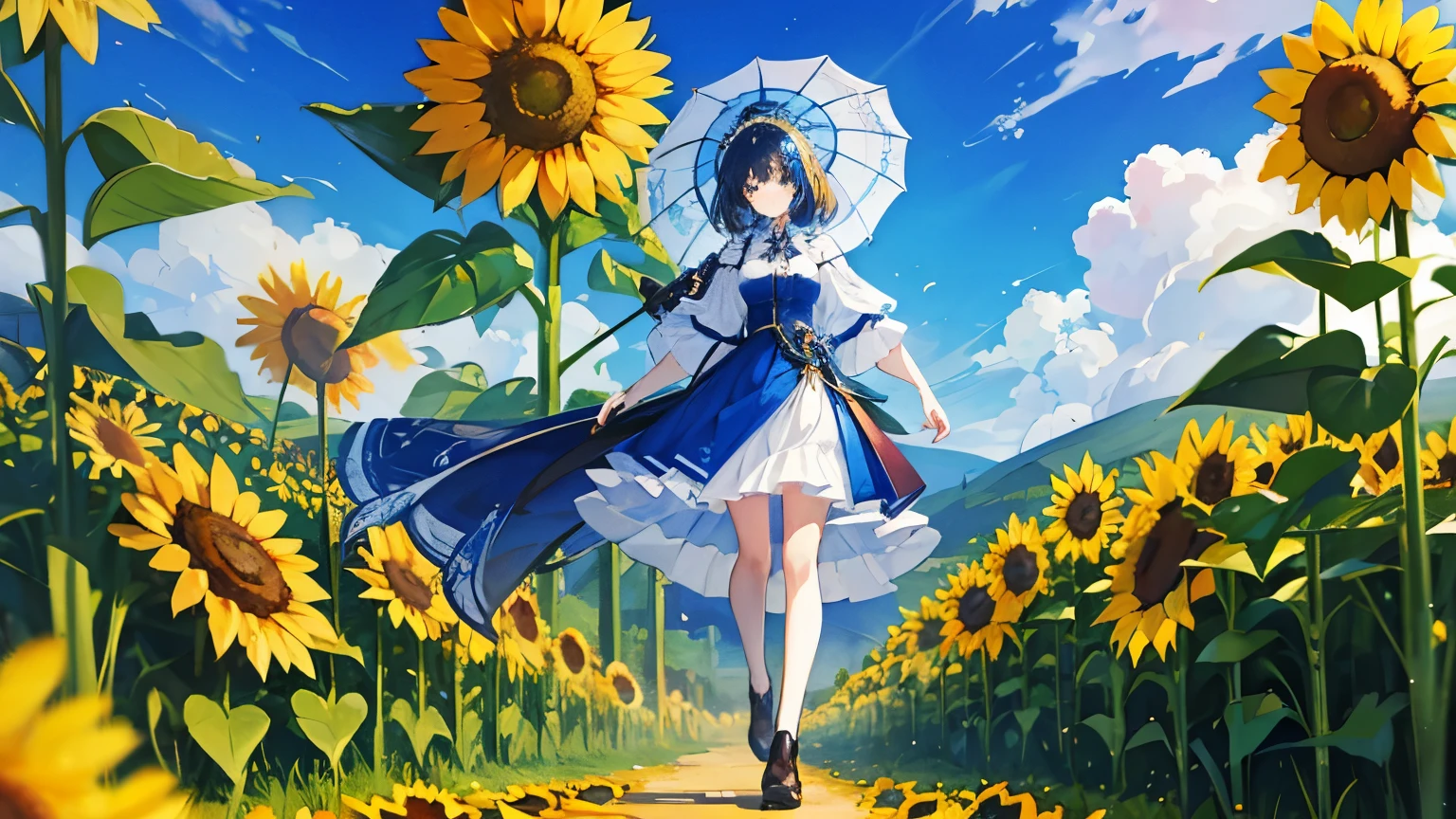 a brown half-up hair,blue eye woman wearing blue canonicals, holding an white umbrella in the sunflower field. full-body.