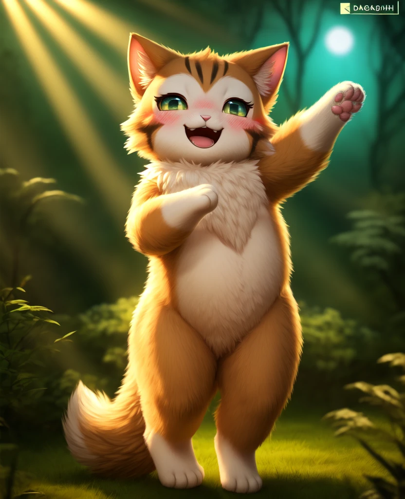 Dagashi, ( Hairy body) , (Realistic fur) , Are standing, Fluffy tail, blush, (:3), A cross between a girl and a cat, happy ,Dancing, Cinema Lighting ,4K, in the forest, cute