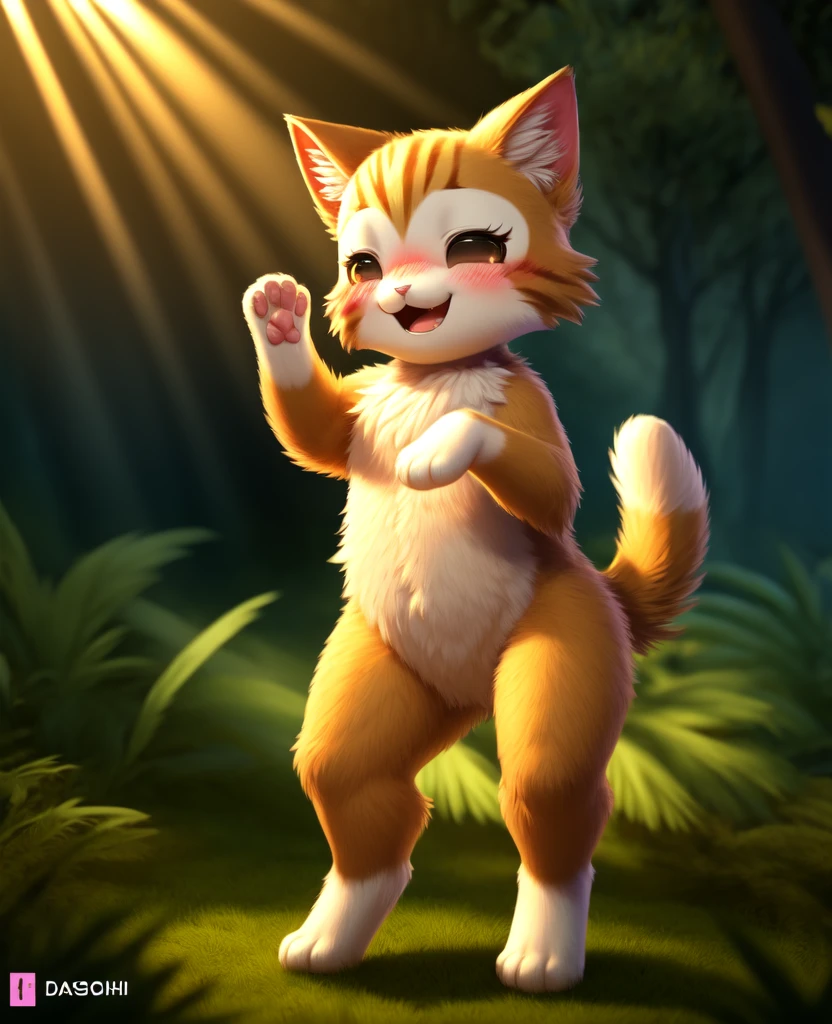 Dagashi, ( Hairy body) , (Realistic fur) , Are standing, Fluffy tail, blush, (:3), A cross between a girl and a cat, happy ,Dancing, Cinema Lighting ,4K, in the forest, cute