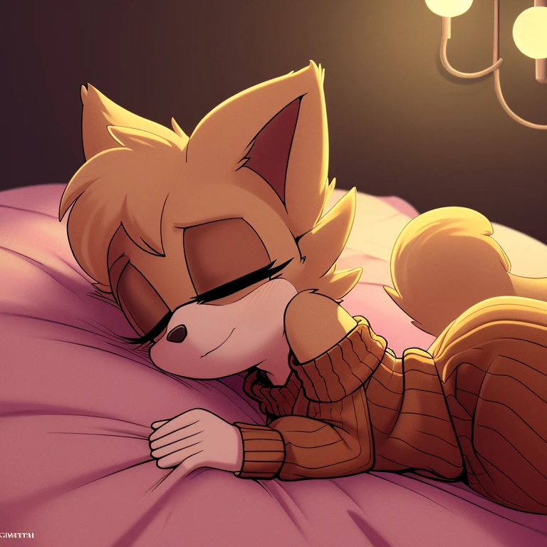 Score_9, score_8up, highres, 1girl, rating_suggestive, lop (star wars visions), furry, tired eyes, sleepy, drowsy, soft smile, (small breasts), bedroom, nighttime, midnight, lying in bed, bed covers, bedsheets, ((pov in bed from side, pov kissing)), snuggling, open shoulders cable knit sweater,