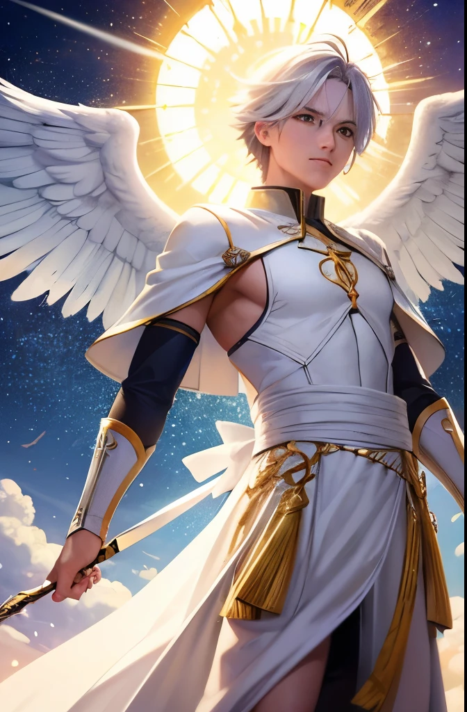 Um anjo do genero masculino de luz com asas celestiais bem abertas com uma espada de luz grande feita por Deus. Esse anjo tem que ser lindo perfeito de tanta beleza, mas tambem deve parecer muito forte com tamanho poder