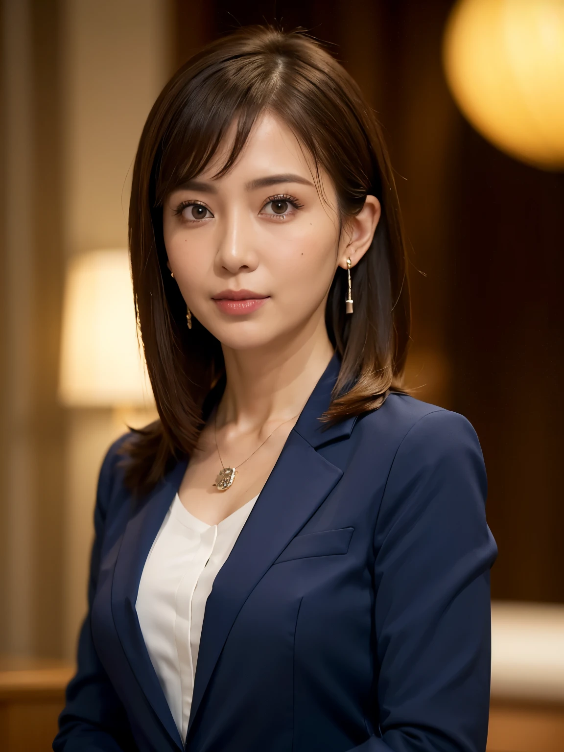 High resolution, Highly detailed photos, Hyper Real, Professional Lighting, Detailed bust, 8k wallpaper, Tabletop, highest quality, 1 girl, Beaver, ((Looking into the camera)), Dark blue suit, shirt, (Beautiful straight hair), Earrings, necklace, mini skirt, large bust with good shape, Bokeh, Lower your arms