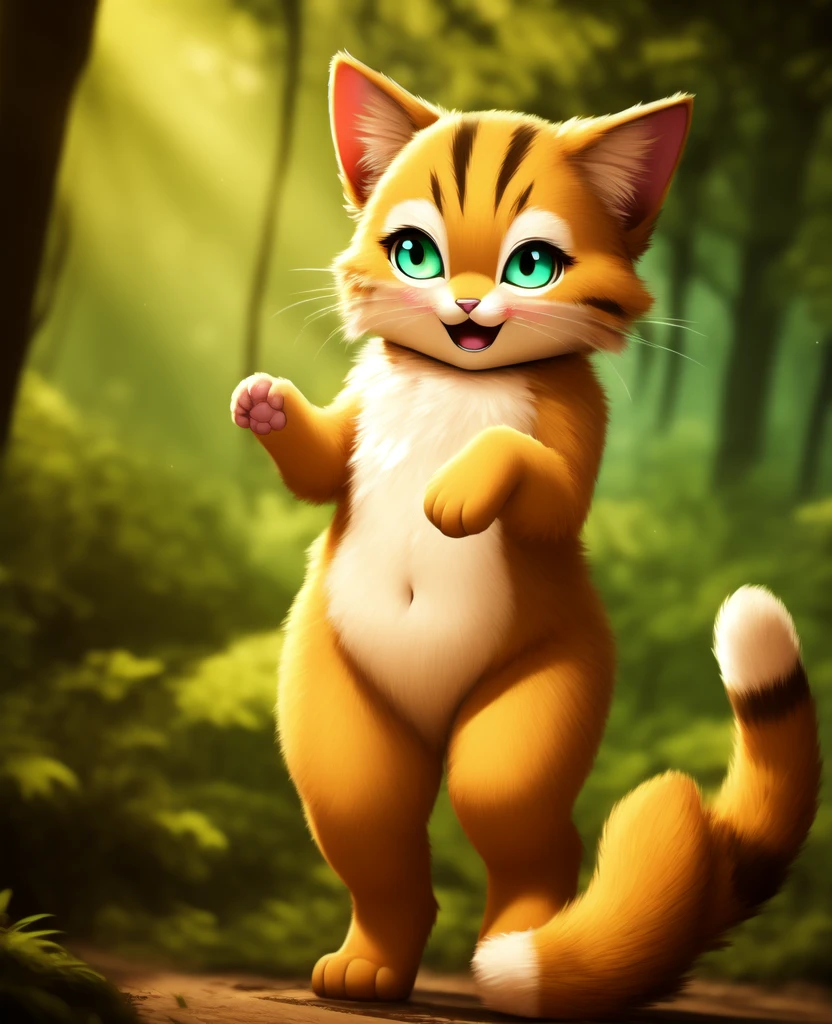 Dagashi, ( Hairy body) , (Realistic fur) , Are standing, Fluffy tail, blush, (:3), A cross between a girl and a cat, happy ,Dancing, Cinema Lighting ,4K, in the forest, cute