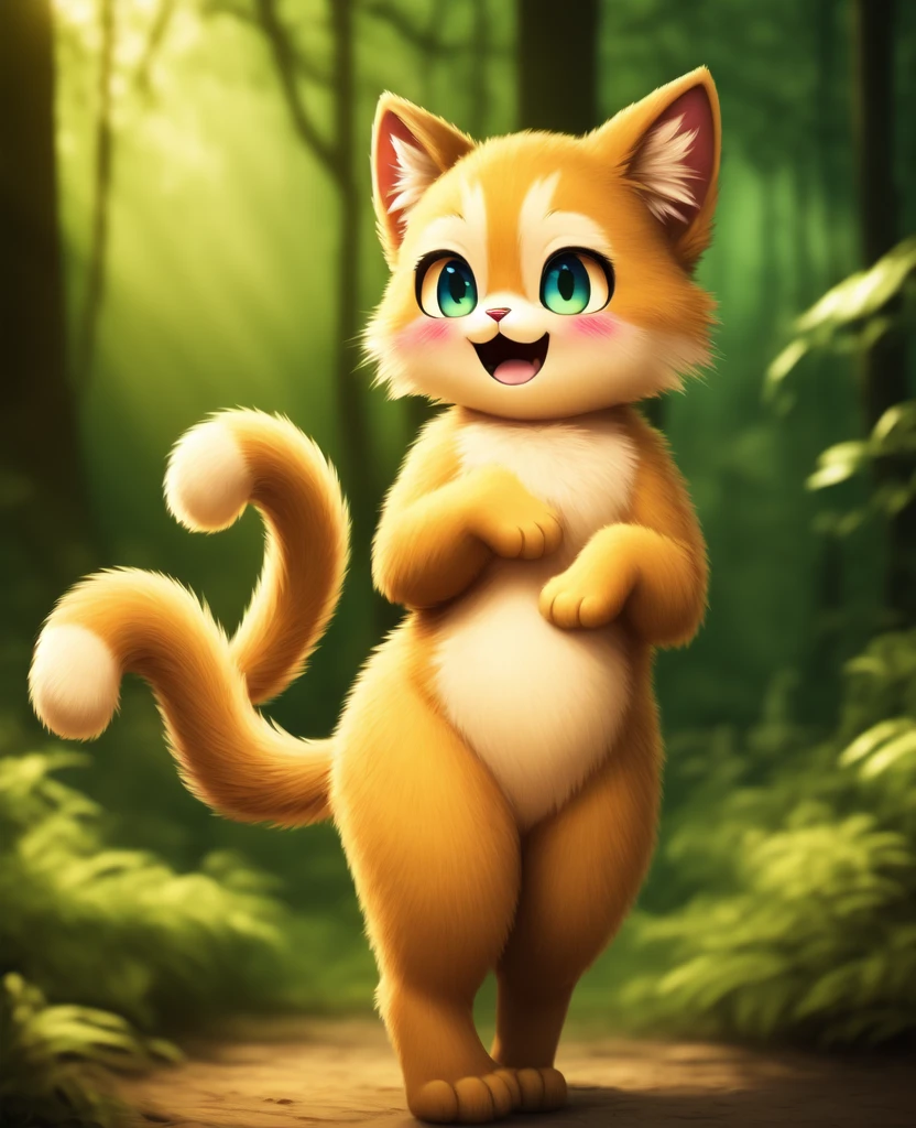 Dagashi, ( Hairy body) , (Realistic fur) , Are standing, Fluffy tail, blush, (:3), A cross between a girl and a cat, happy ,Dancing, Cinema Lighting ,4K, in the forest, cute