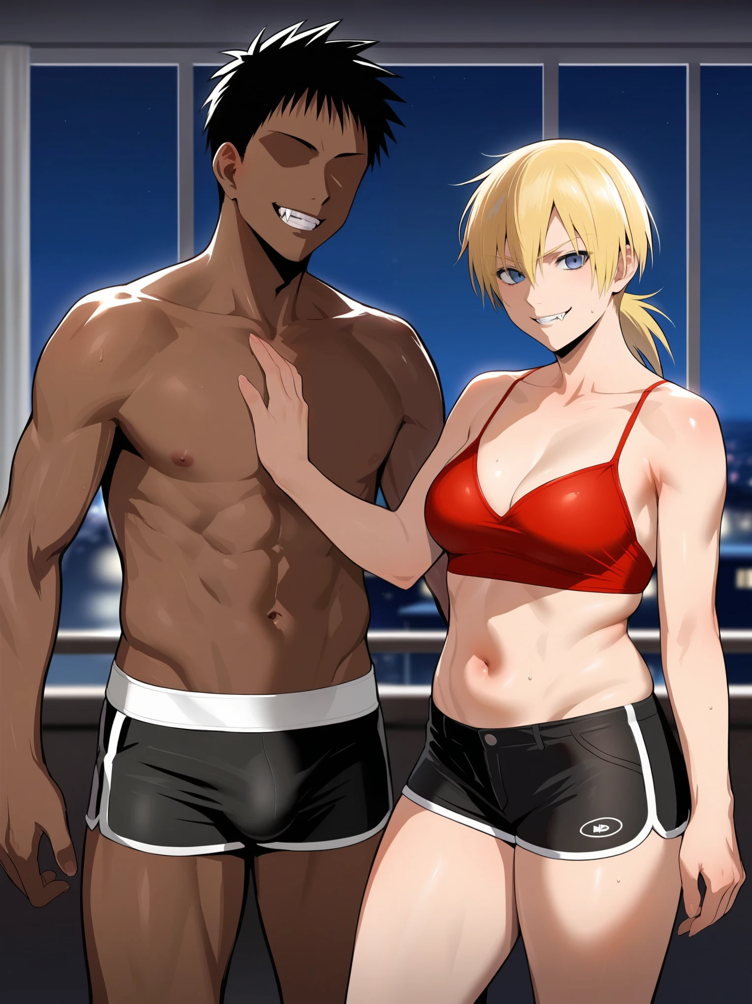score_9, score_8_up, source_anime, standing, hellsing, seras, blonde hair, nude, indoors, night, night sky, nighttime, vampire, smirk, fangs, ikuchan, balcony, town background, clothed, male wearing shorts, muscular male, medium breasts, boyfriend, couple, sfw, looking at viewer, faceless male, dark skinned male, cuckold pov, ntr, netorare, standing side by side, standing, cuckolding, cuck, 1girl, 1boy, duo, ((duo focus)), black haired male, interracial, BLACKED, raceplay, smug, humiliation, ((faceless male)), ((size difference)), tall male, ((duo)), waist grab, ((dark skinned male))), gown, dress, bulge, rating:safe, navel, short dress, red dress, furry, tiger, anthro on human, tiger girl, chubby, bbw, ((furry)), tiger fur, chubby body, ((bbw)), milf, belly, rating:safe, sfw