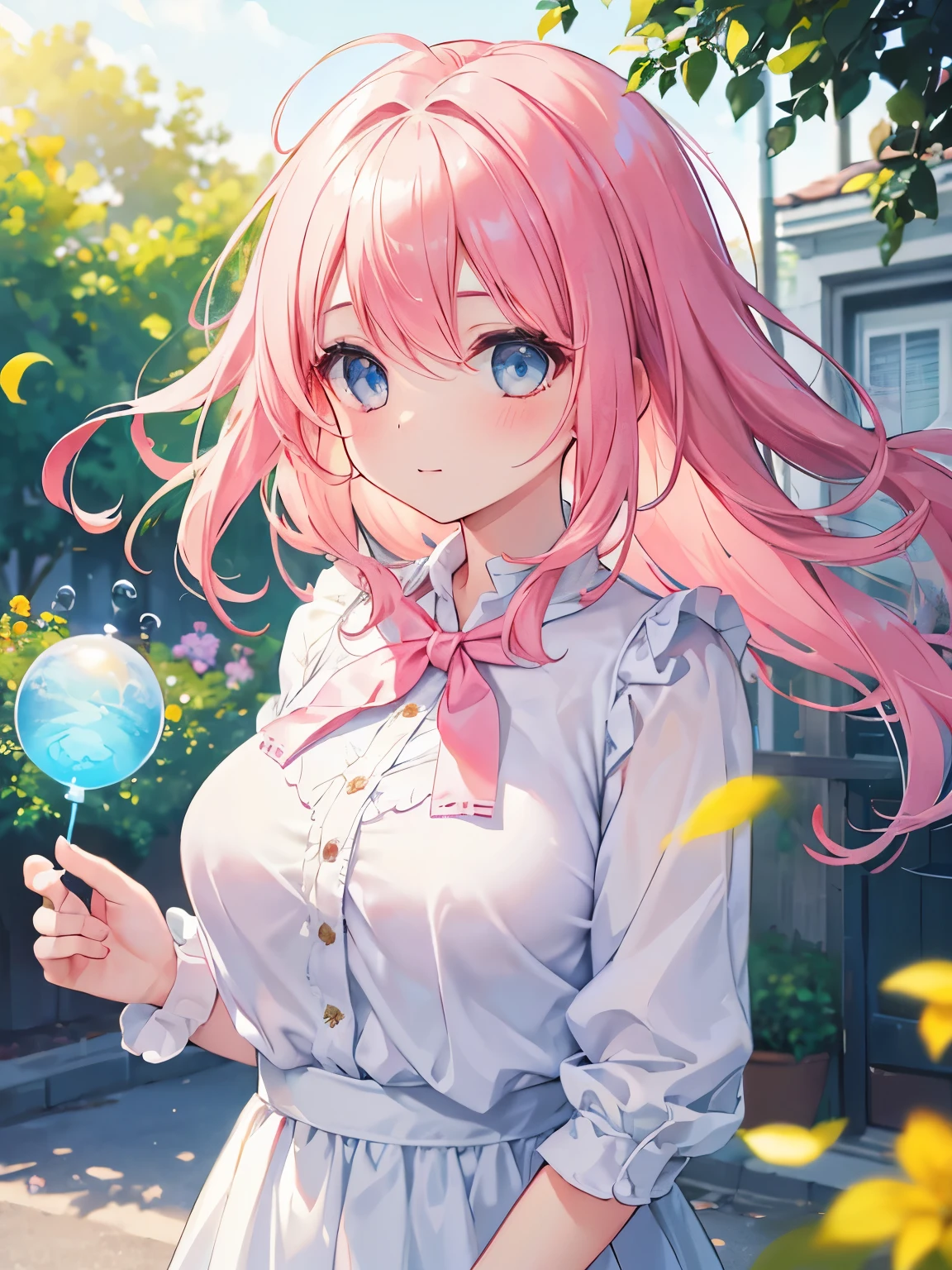 highest quality, One girl, (Skin Hollow), (Large Breasts), (Day), bright, Background Blur, Outdoor, (street:0.6), (hair:1.5), (blouse:1.5), nice, (hair Float:1.5), Soft Light, Wind, garden, street