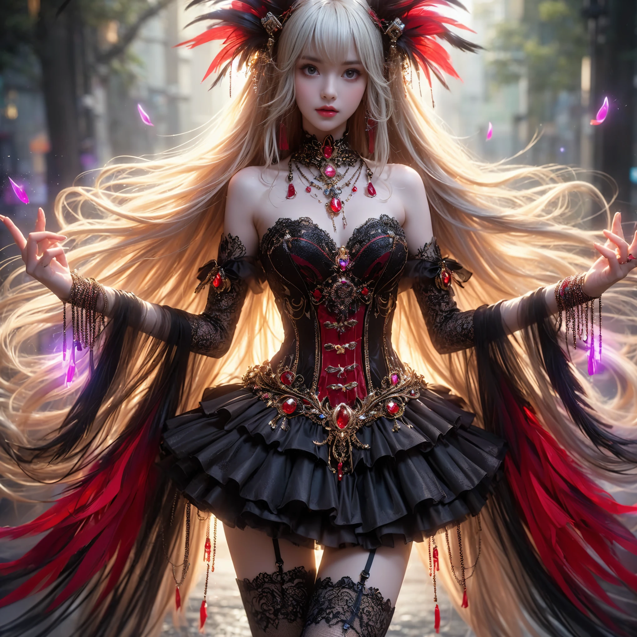 An asian woman with loose hair, gigantic breast, standing on the stairs in the middle of a magical atmosphere, with a predominantly blue and red costume, a strapless corset-style dress decorated with bright purple jewels, a short tutu skirt, black thigh-high stockings with lace tops and ornaments purple jewels, white high heels with gold decoration, grand staircase background under mysterious sky full of stars and celestial bodies, crystal detailed, hyper realistic, hyper detail Transparent clothing, Detailed gemstones, masterpiece, best quality:1.2),,(8k,highres,RAW photo,realistic,photo-realistic:1.3),(detailed skin texture,detailed cloth texture, beautiful detailed face:1.25),professional lighting,photon mapping,beautiful soft light,radiosity,physically-based rendering,raytracing, model shoot style, model shoot style, (extremely detailed CG unity 8k wallpaper), full shot body photo of the most beautiful artwork in the world (NSFW), (Nude), (Naked), (Nipple) (pussy) (small pussy) (exposed pussy) (wet) (wet dress) (wet clothing)