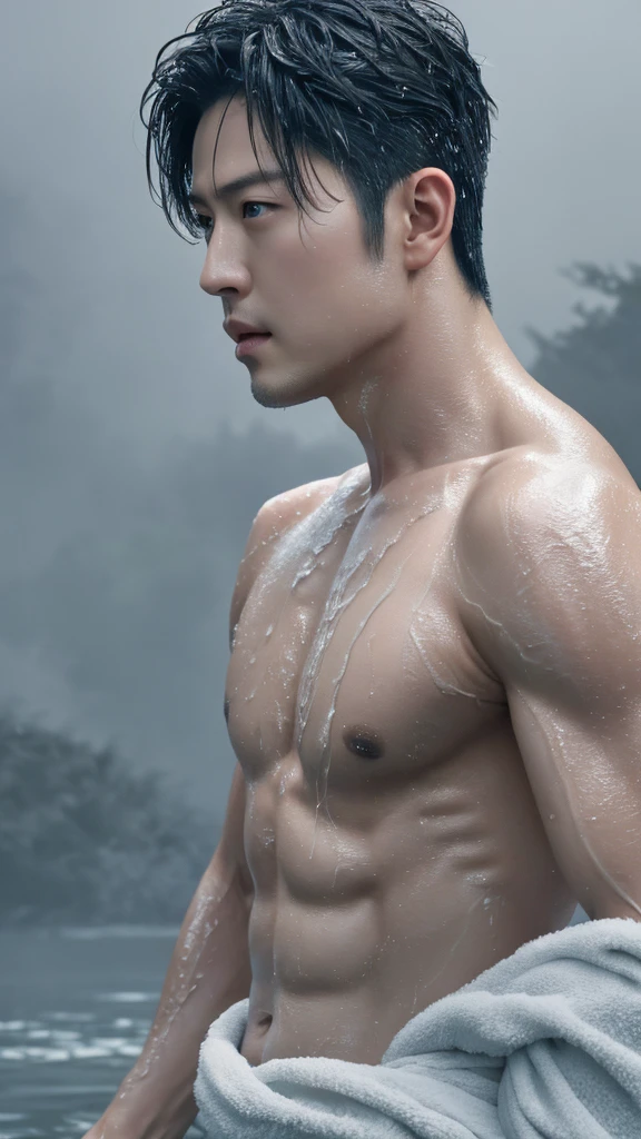 Potrait profil of handsome shirtless japanese male actor after bath, wet face and body, ultra HD, hyper realistic, grey nature wall, cinematic and dramatic color tone, magazine look cover, sporty look, flawless