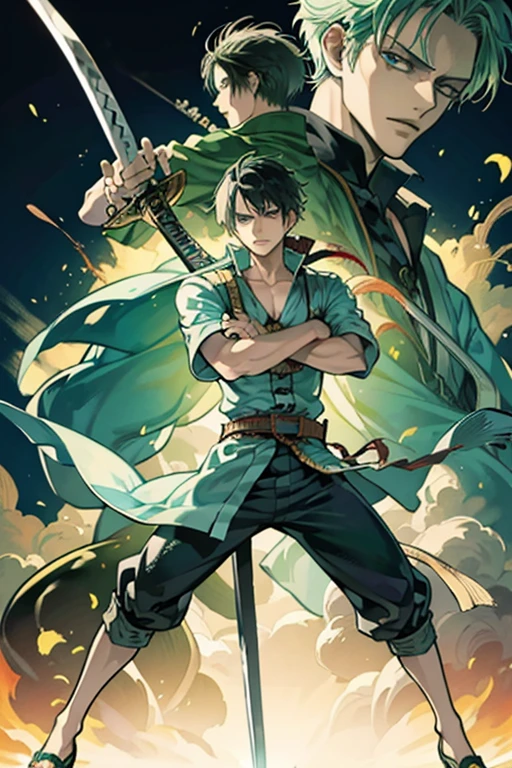 With sword and hat、Man holding two swords, Roronoa Zoro, from one piece, Eiichiro Oda Kaze, inspired by Eiichiro Oda, one piece artstyle, Best Anime Character Design, Eiichiro Oda Kaze, Official Art, one piece style, Leaked images, Swordsman, one piece, Cool pose, With a big sword