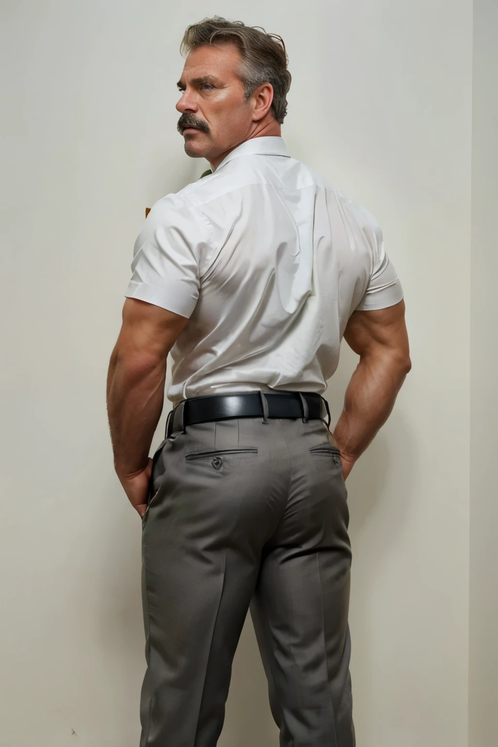 age 60, white man police detective with a mature, kind demeanor, strong and muscular yet chubby build, mustache, wearing dress pants and a buttoned-open translucent shirt that reveals a noticeable bulge, wearing detective badge on belt, giving off a hint of a horny yet disgusting aura, completing the look with comfortable loafers. Backside 