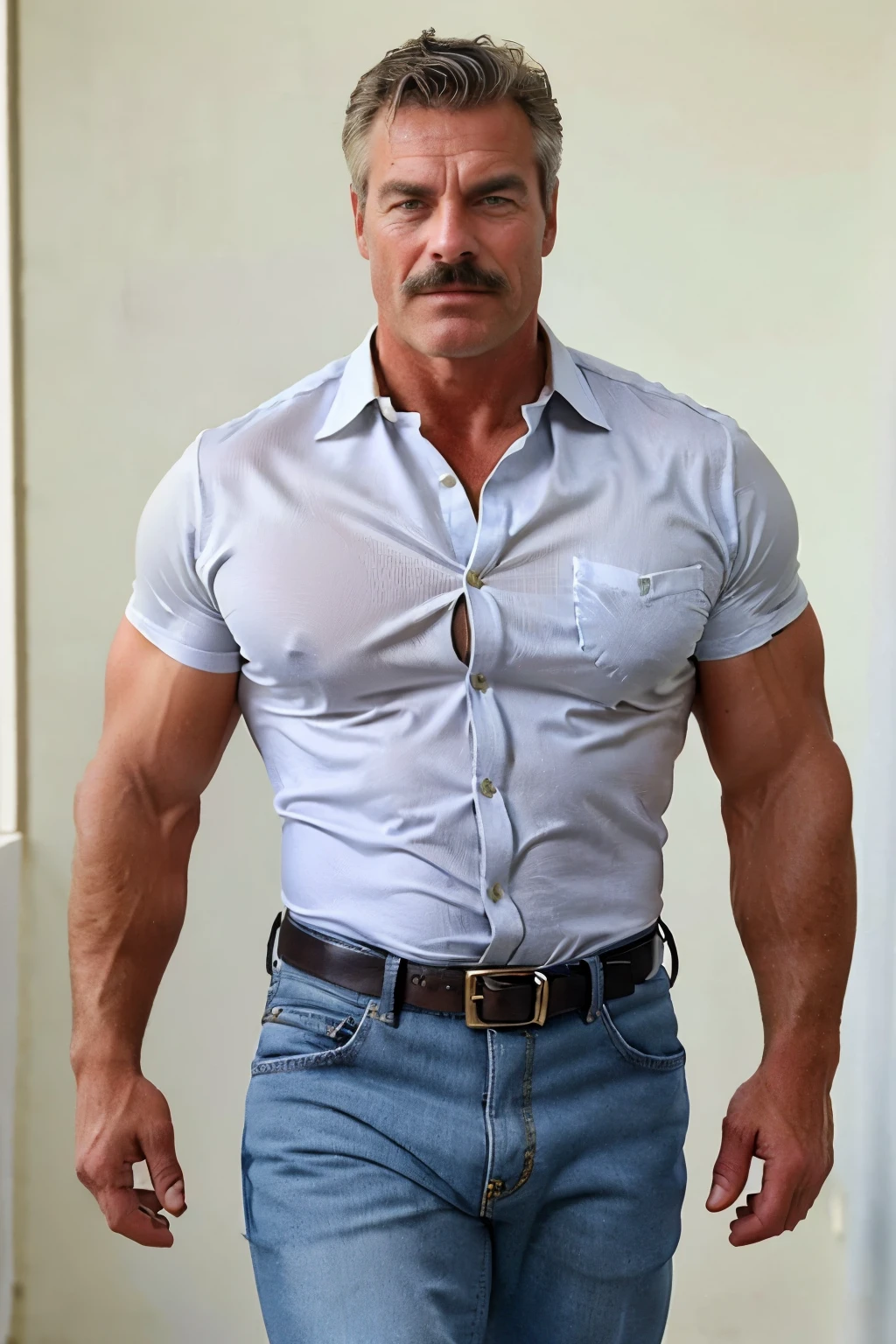 age 60, white man police detective with a mature, kind demeanor, strong and muscular yet chubby build, mustache, wearing dress pants and a buttoned-open translucent shirt that reveals a hairy chest and a noticeable bulge, wearing detective badge on belt, giving off a hint of a horny yet disgusting aura, completing the look with comfortable loafers. Jeans backside