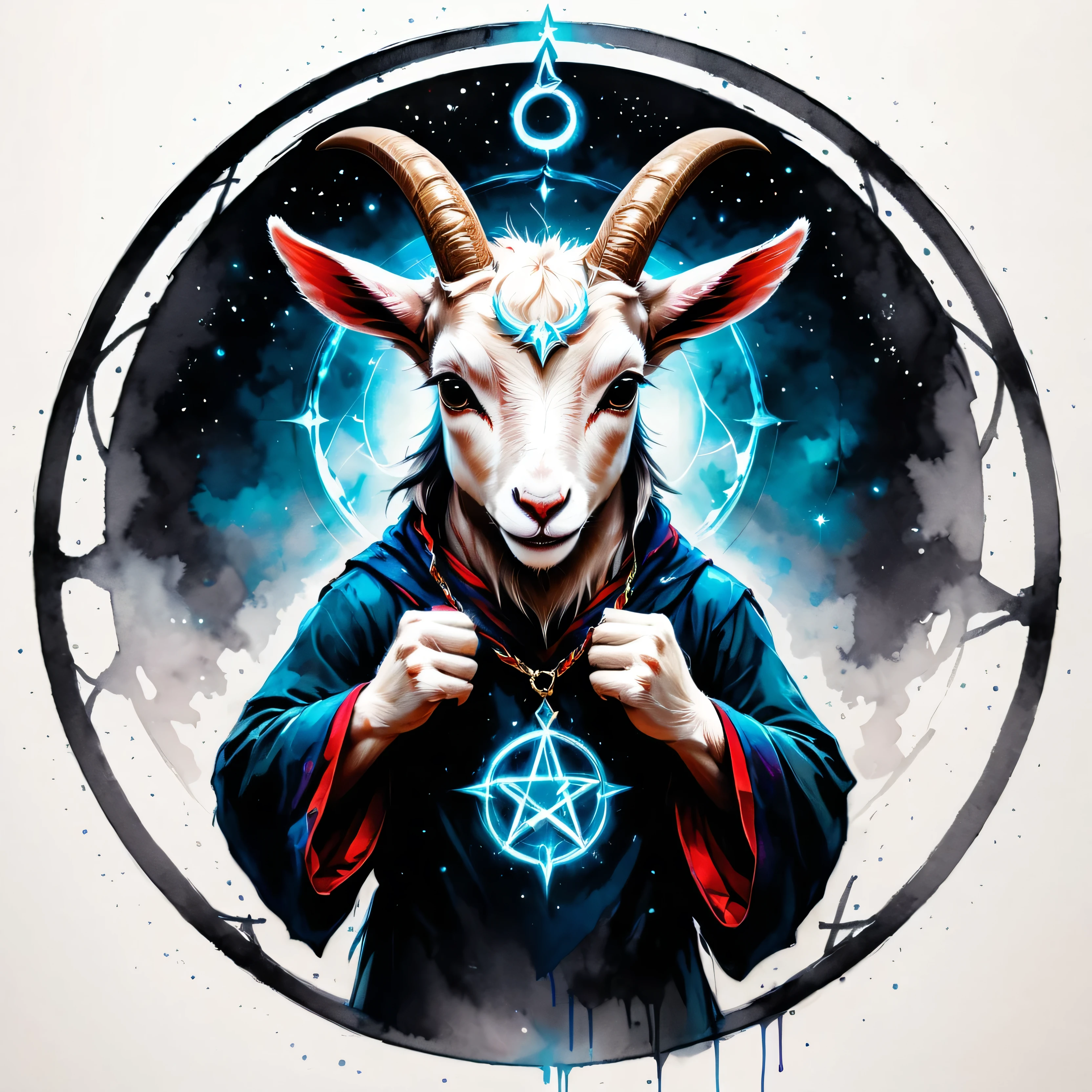 RAW photo of an anthro goat drawing a summoning circle, pentagram, innocent, super detail, ultra-realism, colorsplash, cute, no background