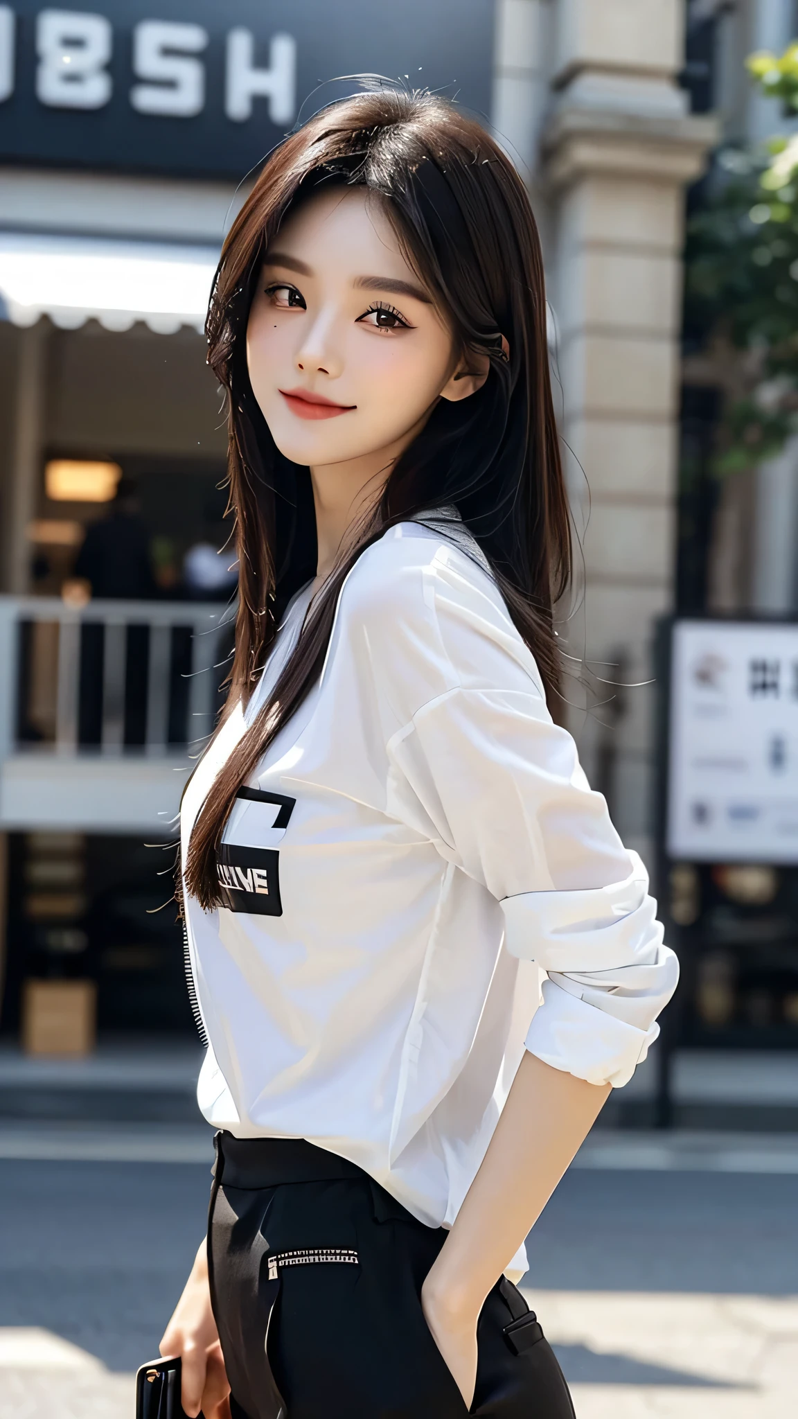 ​masterpiece、top-quality)、1 beutiful girl、Slim body、((Black and white plain clothes:1.1))、((Wearing black sunglasses )), (Detailed beautiful eyes), ((Detailed skin)) , ((Detailed beautiful hair)), Walk around the store、((Boyish Brown Medium Hair))、((Smaller face))、((Neutral face))、((Face seen from the side))、((Light brown eyes))、((Korean Girl))、((18year old))、((cool lady))、((A shy smile on his face))、((Korean Makeup))、((elongated and sharp eyes))、((Happy dating))、((looking distantly))、((boyish))、((Shot from the same height as your face))、((Shorter than viewer))、((She is running ahead of the viewer))、((Hold your mouth with your hand)), ((CG rendering)), ((Blurred background)), ((deep shadow)),  ((16K)),  ((Very detailed)), ((wallpaper)), ((depth of field)), ((movie light))