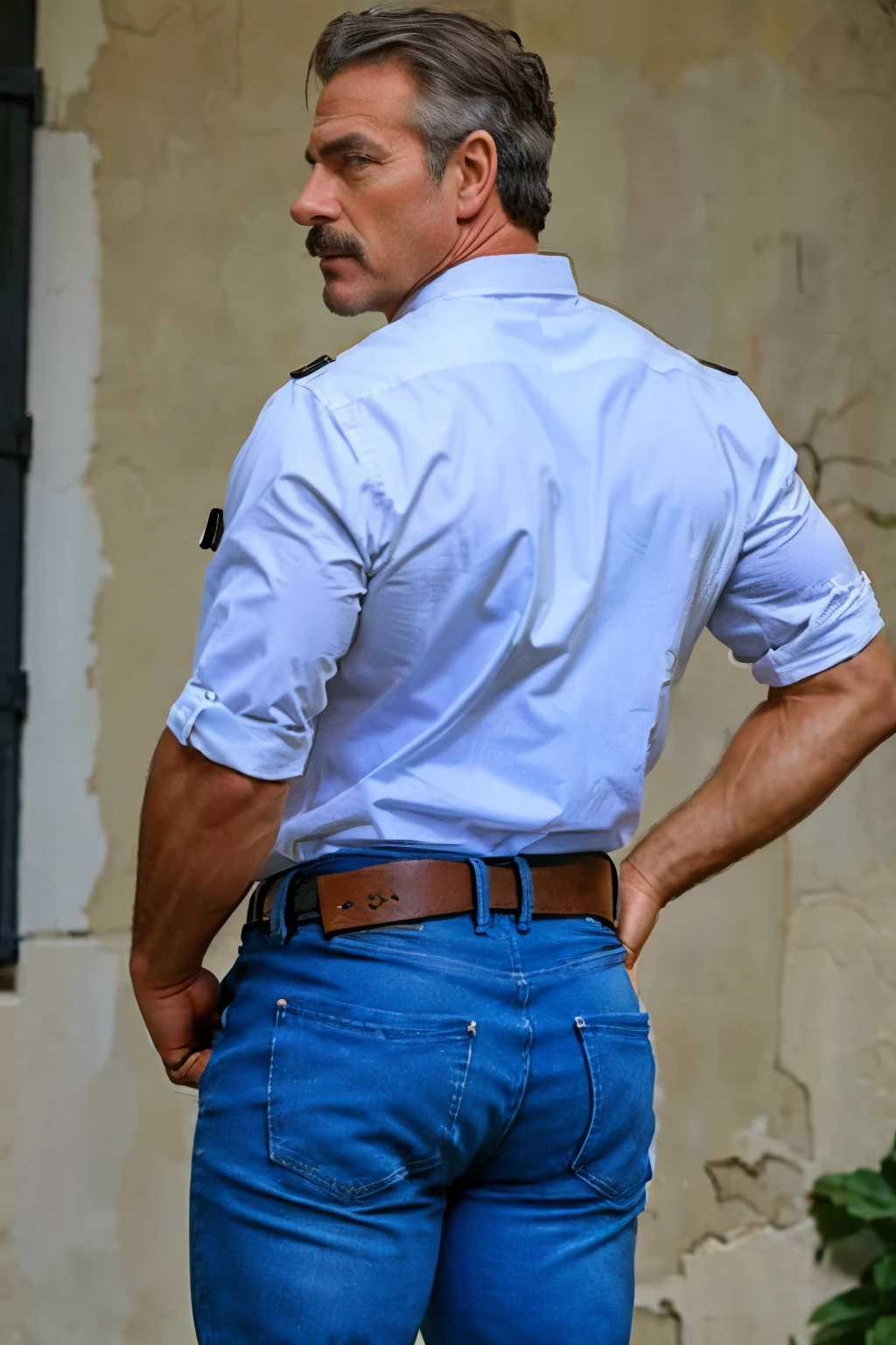 age 60, white man police detective with a mature, backside, kind demeanor, strong and muscular yet chubby build, mustache, wearing dress pants and a buttoned-open translucent shirt that reveals a hairy chest and a noticeable bulge, wearing detective badge on belt, giving off a hint of a horny yet disgusting aura, completing the look with comfortable loafers. Jeans backside backside 