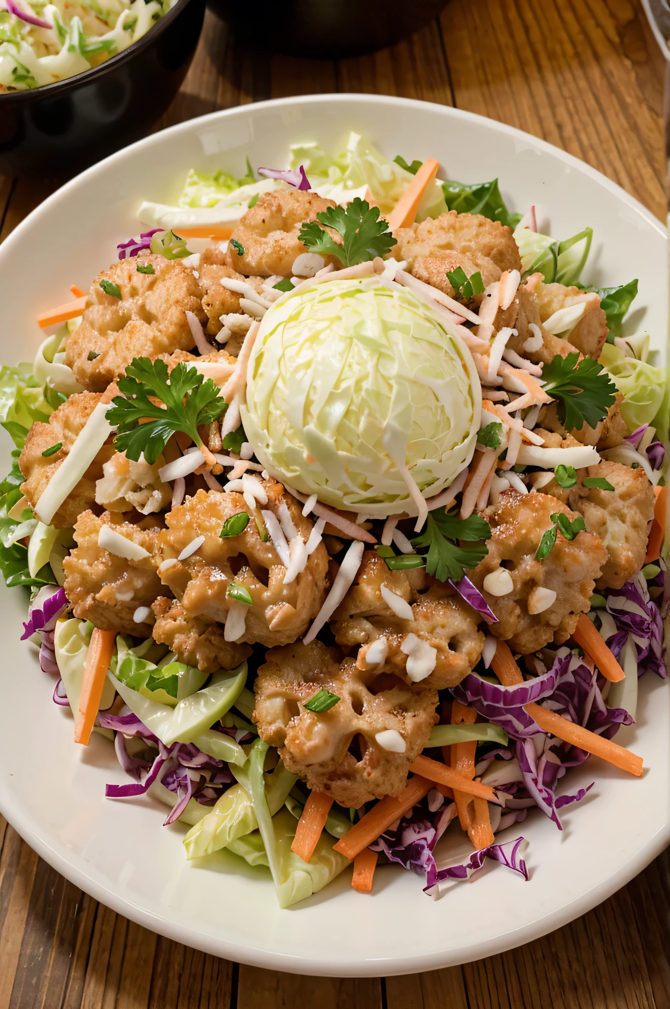Menchikatsu with cabbage coleslaw and curly parsley garnish