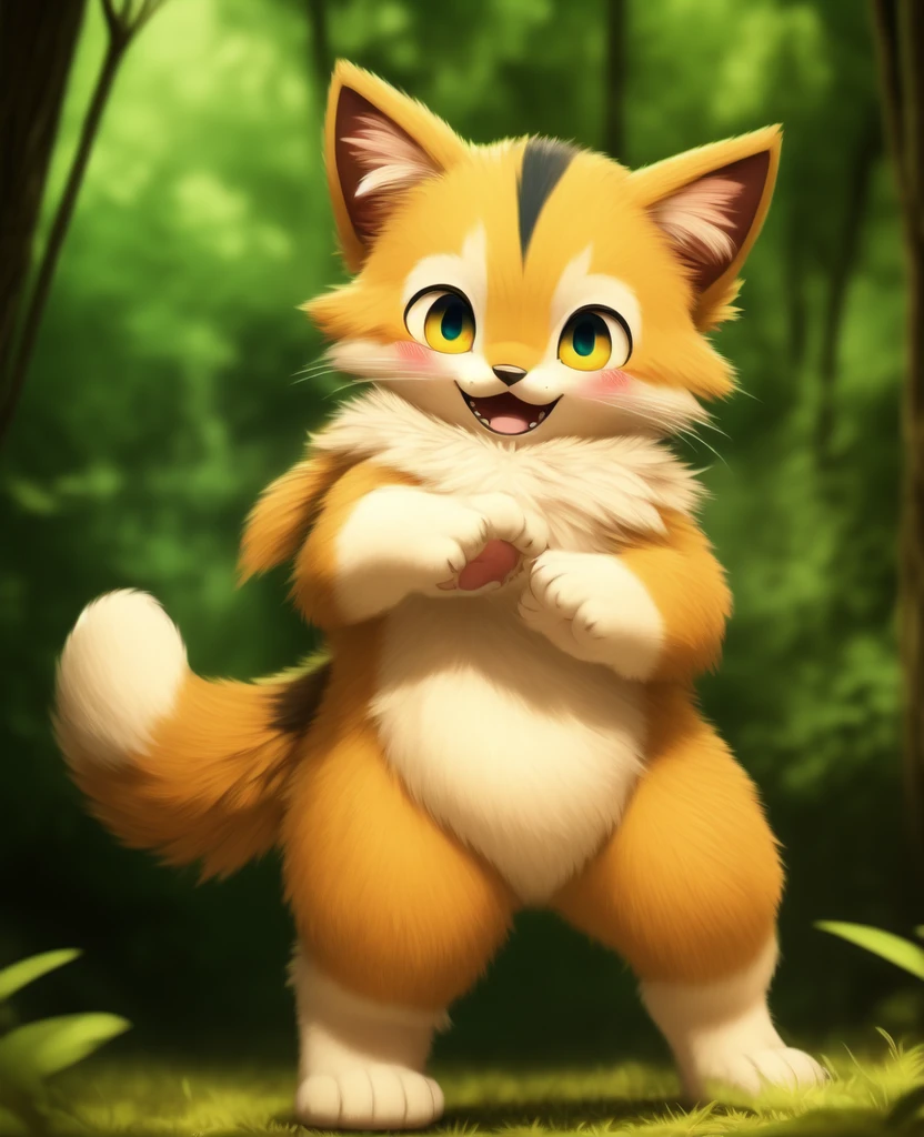 Dagashi, ( Hairy body) , (Realistic fur) , Are standing, Fluffy tail, blush, (:3), A cross between a boy and a cat, happy ,Dancing, Cinema Lighting ,4K, in the forest, cute