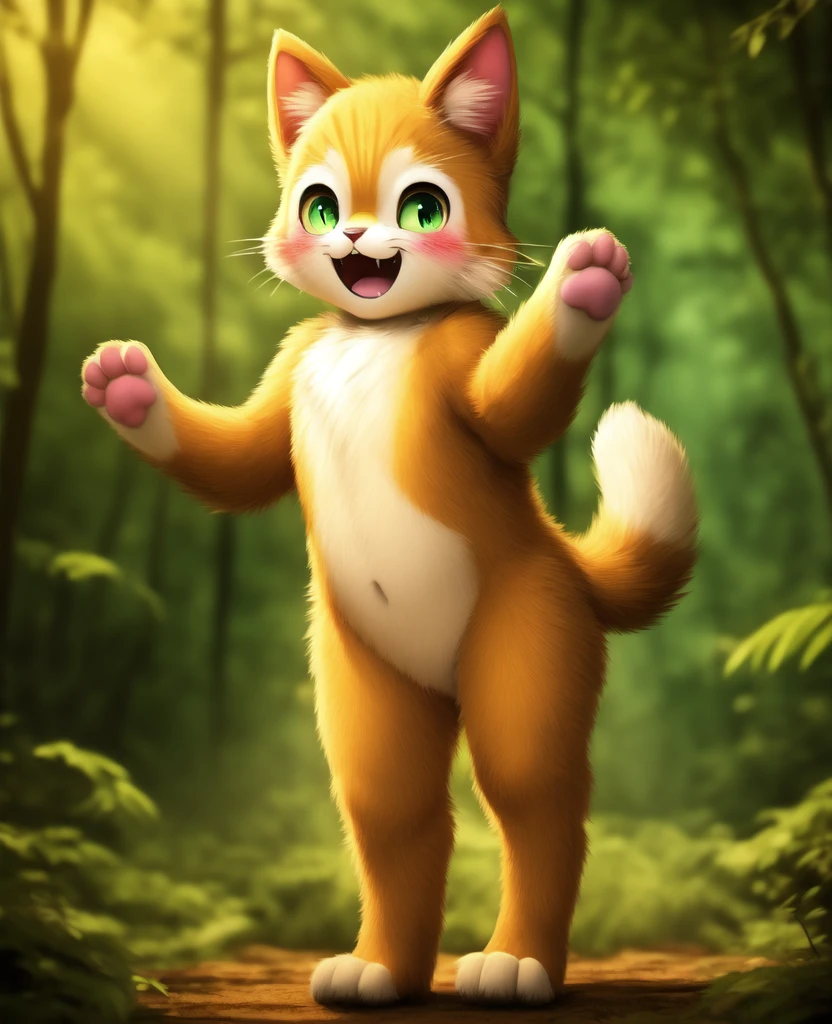 Dagashi, ( Hairy body) , (Realistic fur) , Are standing, Fluffy tail, blush, (:3), A cross between a boy and a cat, happy ,Dancing, Cinema Lighting ,4K, in the forest, cute