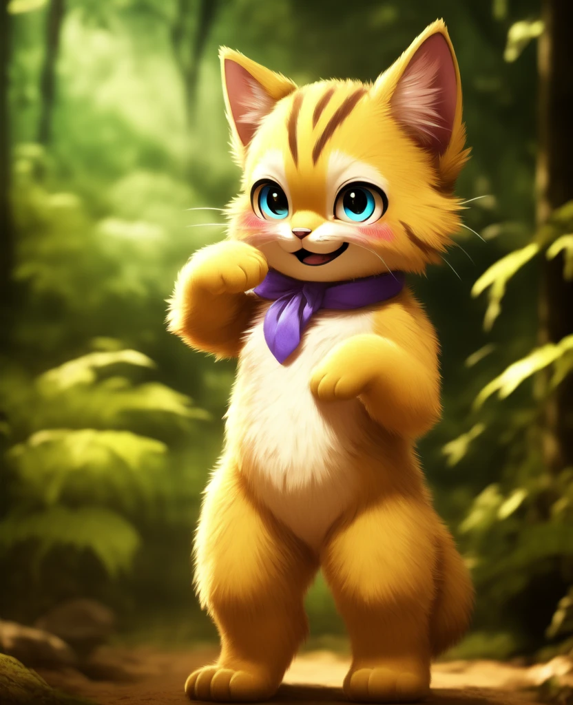 Dagashi, ( Hairy body) , (Realistic fur) , Are standing, Fluffy tail, blush, (:3), A cross between a boy and a cat, happy ,Dancing, Cinema Lighting ,4K, in the forest, cute