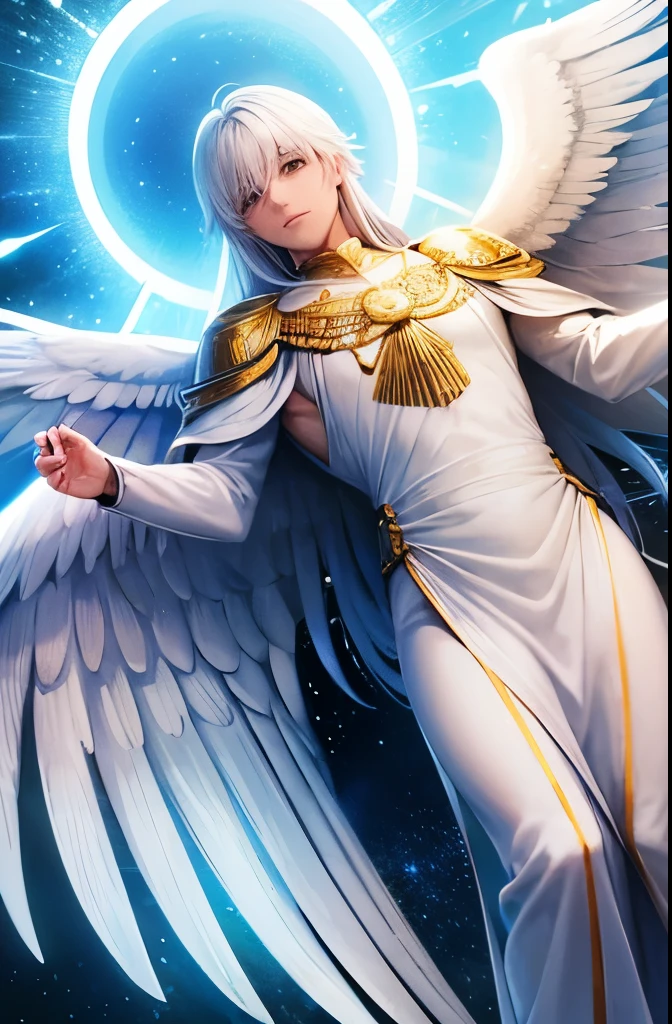 Um anjo do genero masculino de luz com asas celestiais bem abertas com uma espada de luz grande feita por Deus. Esse anjo tem que ser lindo perfeito de tanta beleza, mas tambem deve parecer muito forte com tamanho poder