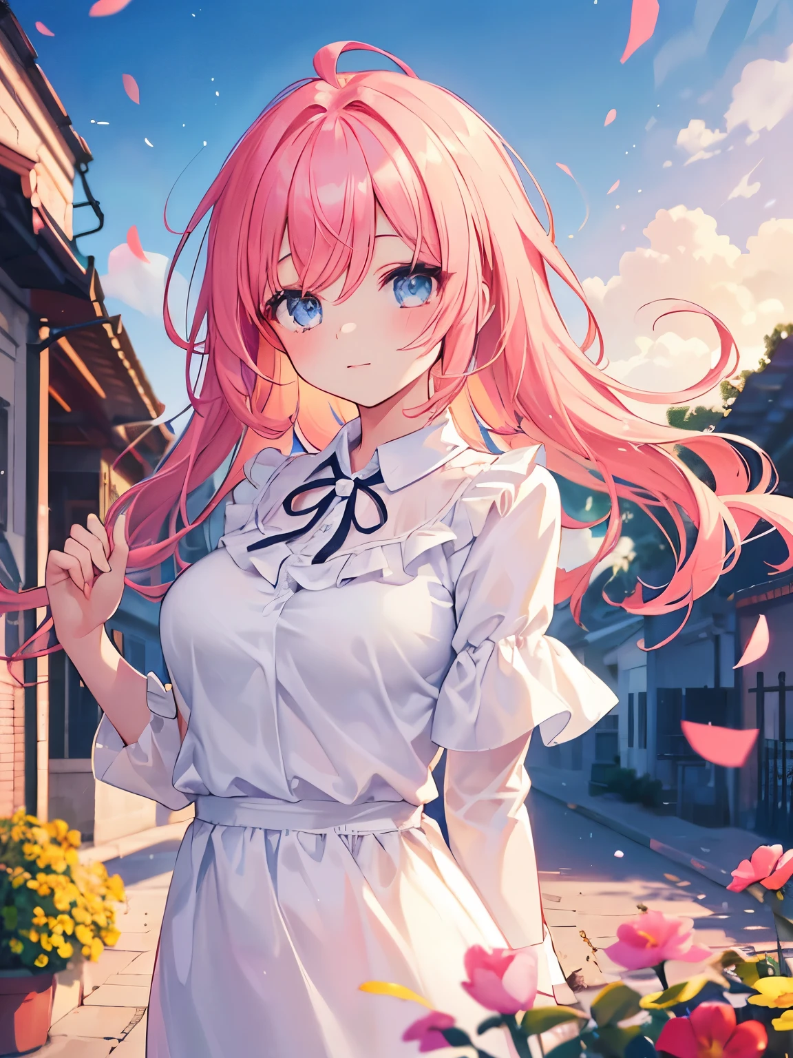 highest quality, One girl, (Skin Hollow), (Large Breasts), (Day), bright, Background Blur, Outdoor, (street:0.6), (hair:1.5), (blouse:1.5), nice, (hair Float:1.5), Soft Light, Wind, garden, street