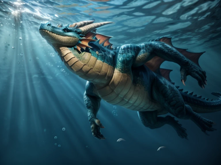 Underwater, deep underwater, aquatic dragon swimming overhead, looking at dragon from below, body like an alligator, large powerful tail, swimming with tail, full body
