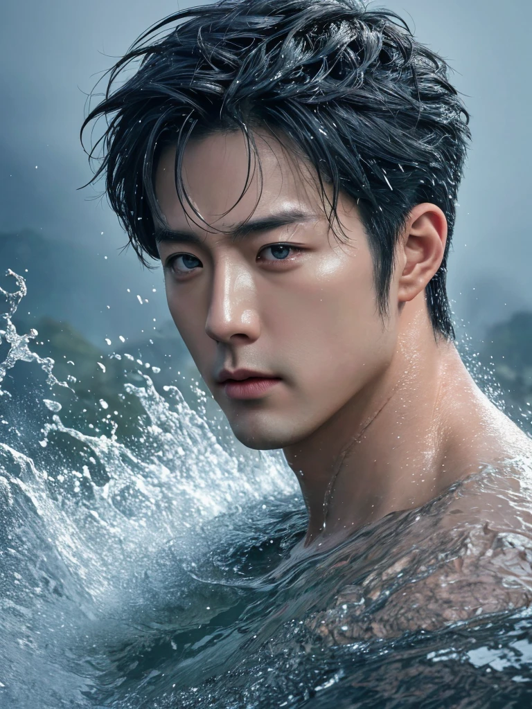 Mature, masculine handsome, high quality, dynamic angle, masterpiece, wet, male model, masterpiece, extremely handsome, sunshine boy, water's edge