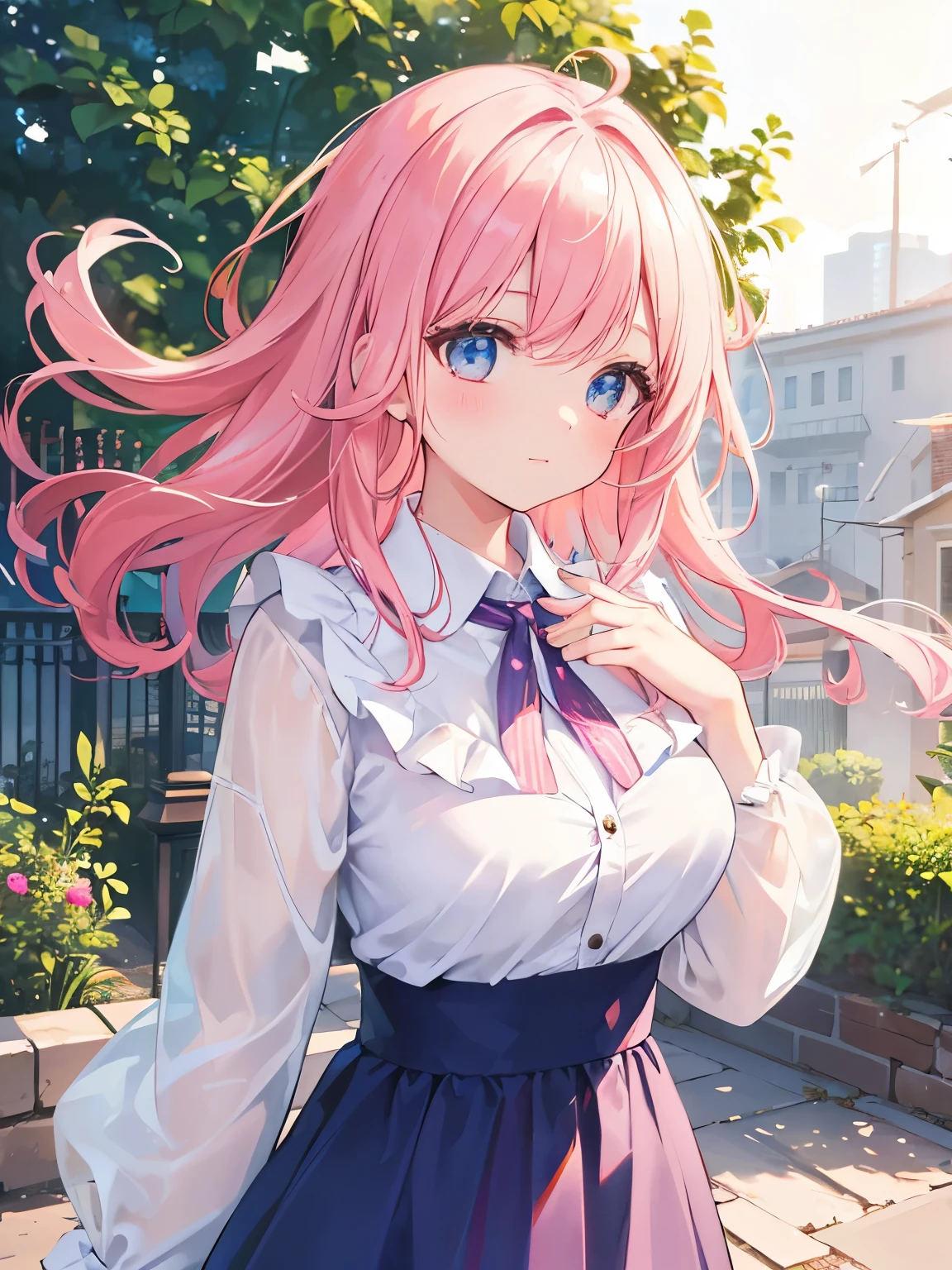 (extremely detailed CG unity 8k wallpaper), (masterpiece), (best quality), (ultra-detailed), (best illustration), (best shadow), (absurdres), ((female body)), 1girl, solo,Akari, 1girl, pink hair, hair ornament, blue eyes, solo, , cowboy shot, skirt left, pussy showing , happy ,blush,no top wear,